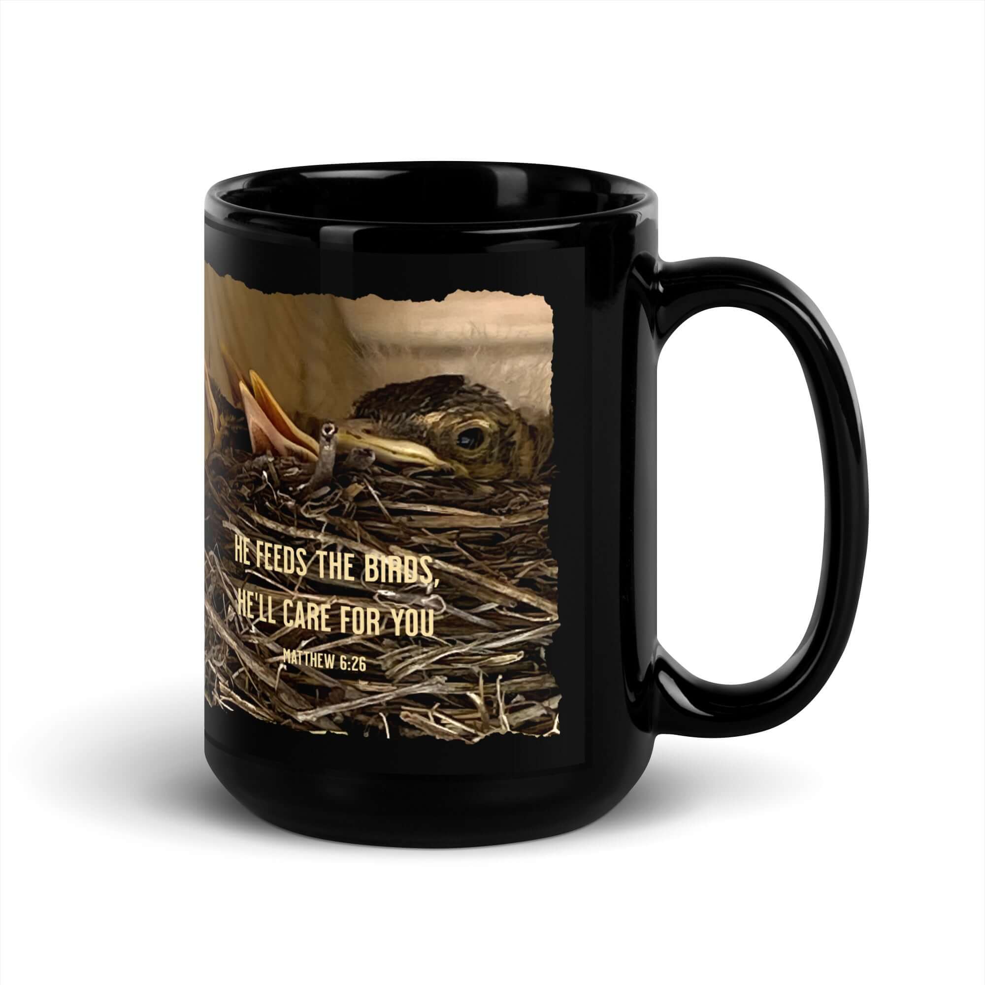 Matthew 6:26 Baby Robins, He'll Care for You Black Glossy Mug
