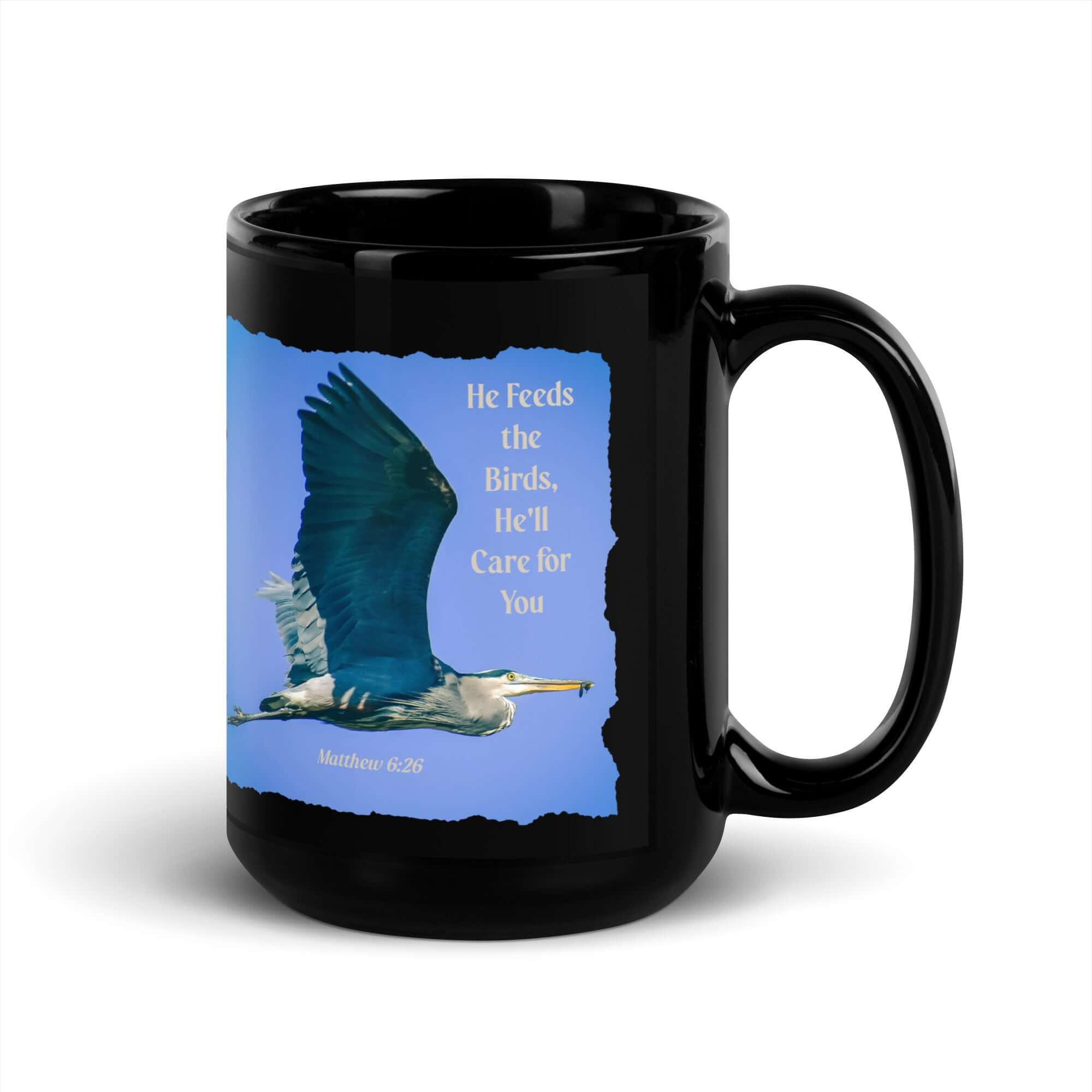 Matthew 6:26 Graceful Heron, He'll Care for You Black Glossy Mug
