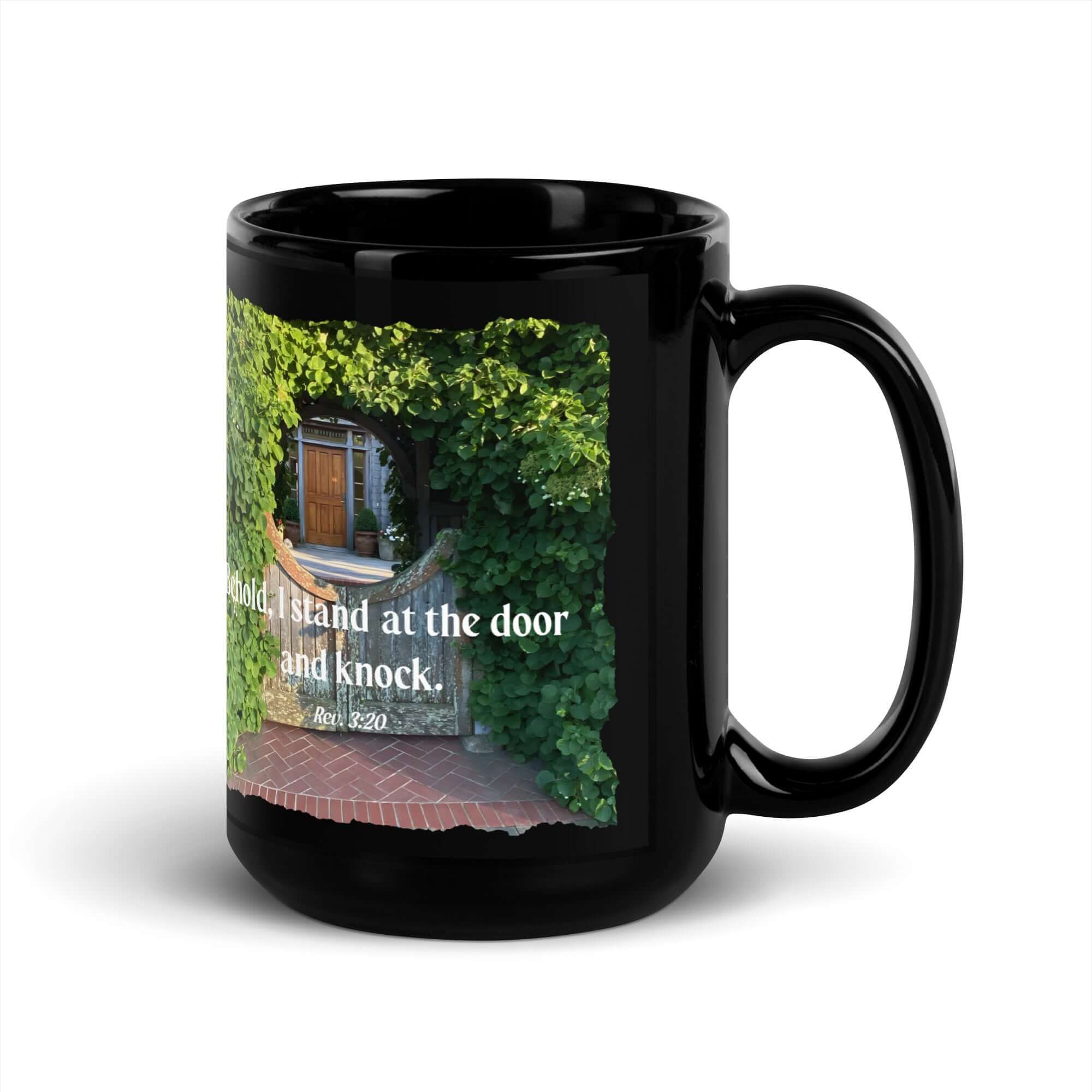 Revelation 3:20 Bible Verse, Garden Doorway Black Glossy Mug