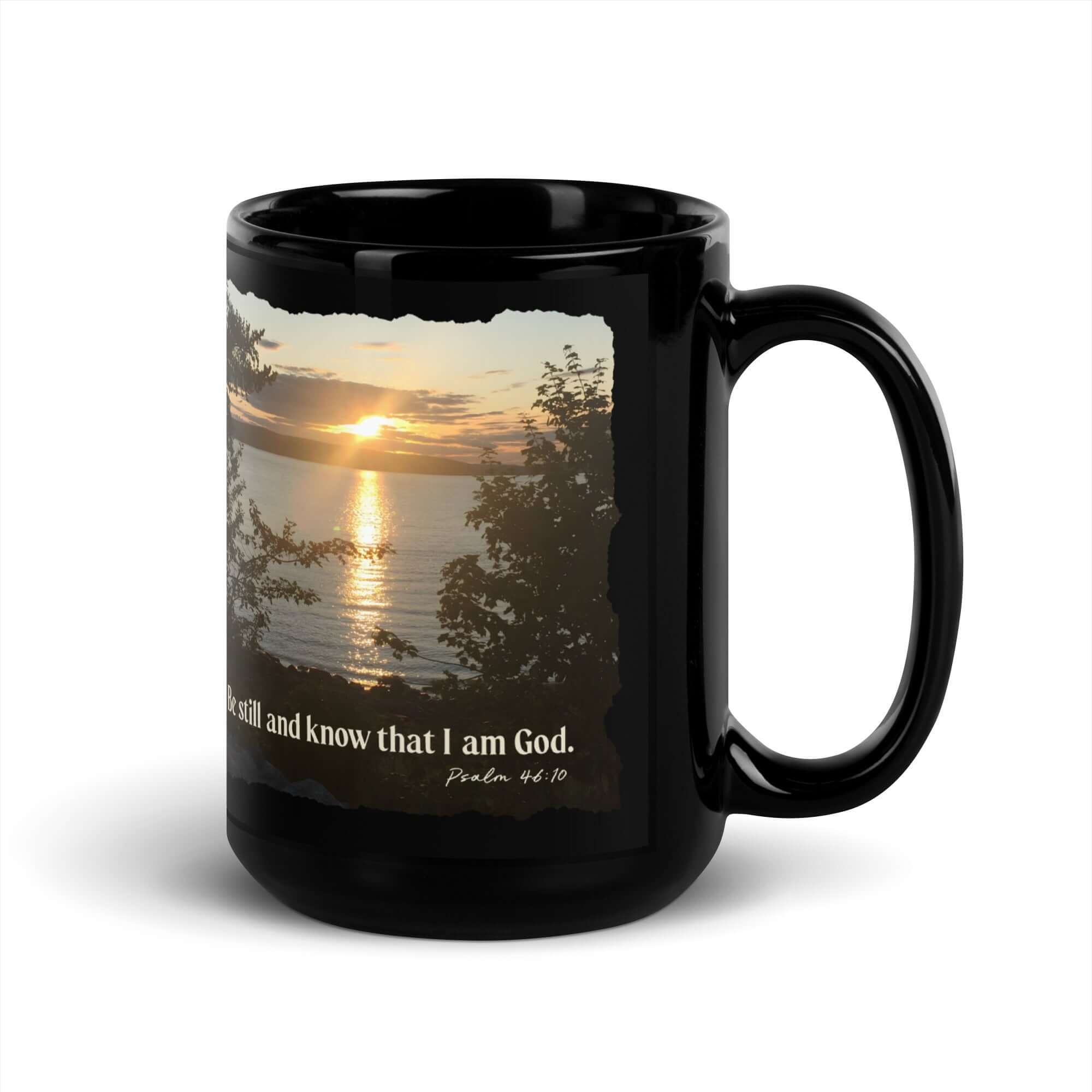 Psalm 46:10 Bible Verse, Sunset Glory Black Glossy Mug