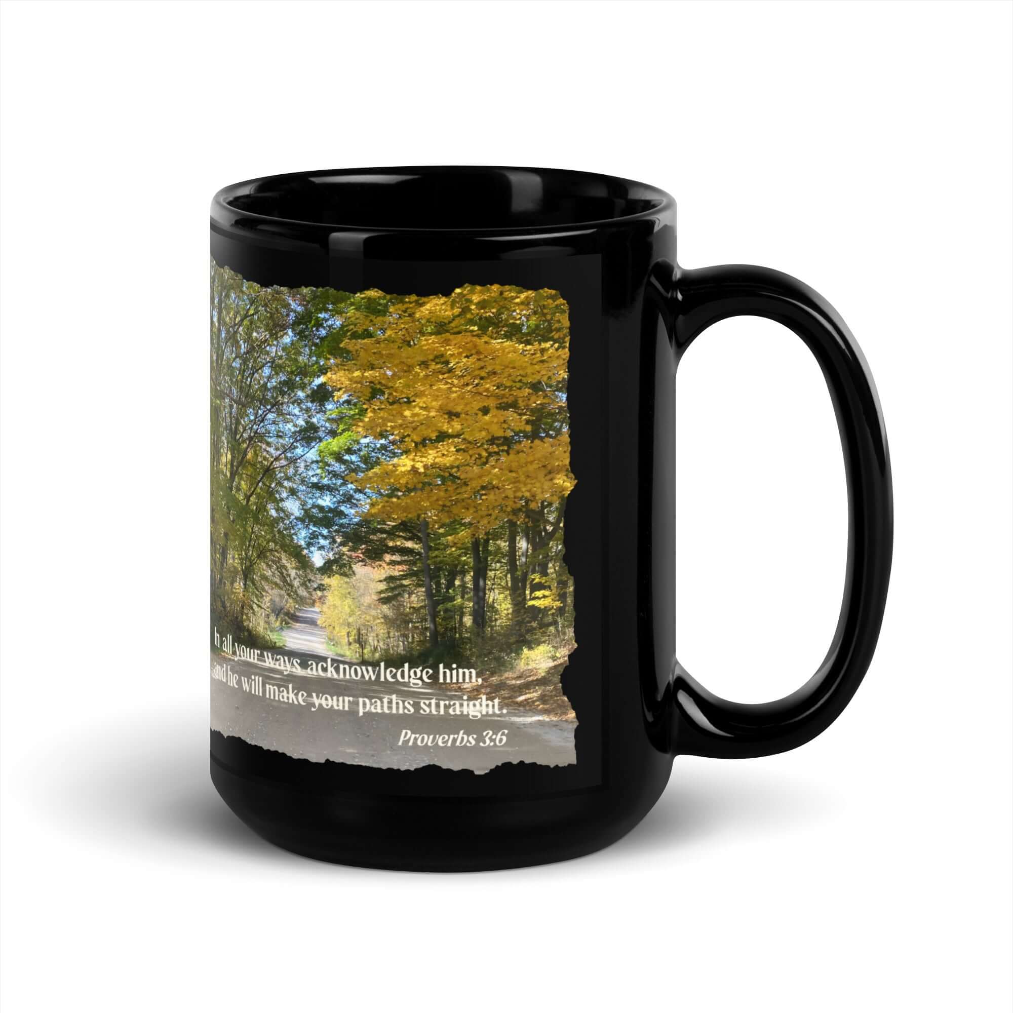 Proverbs 3:6 Bible Verse, Fall Road Black Glossy Mug