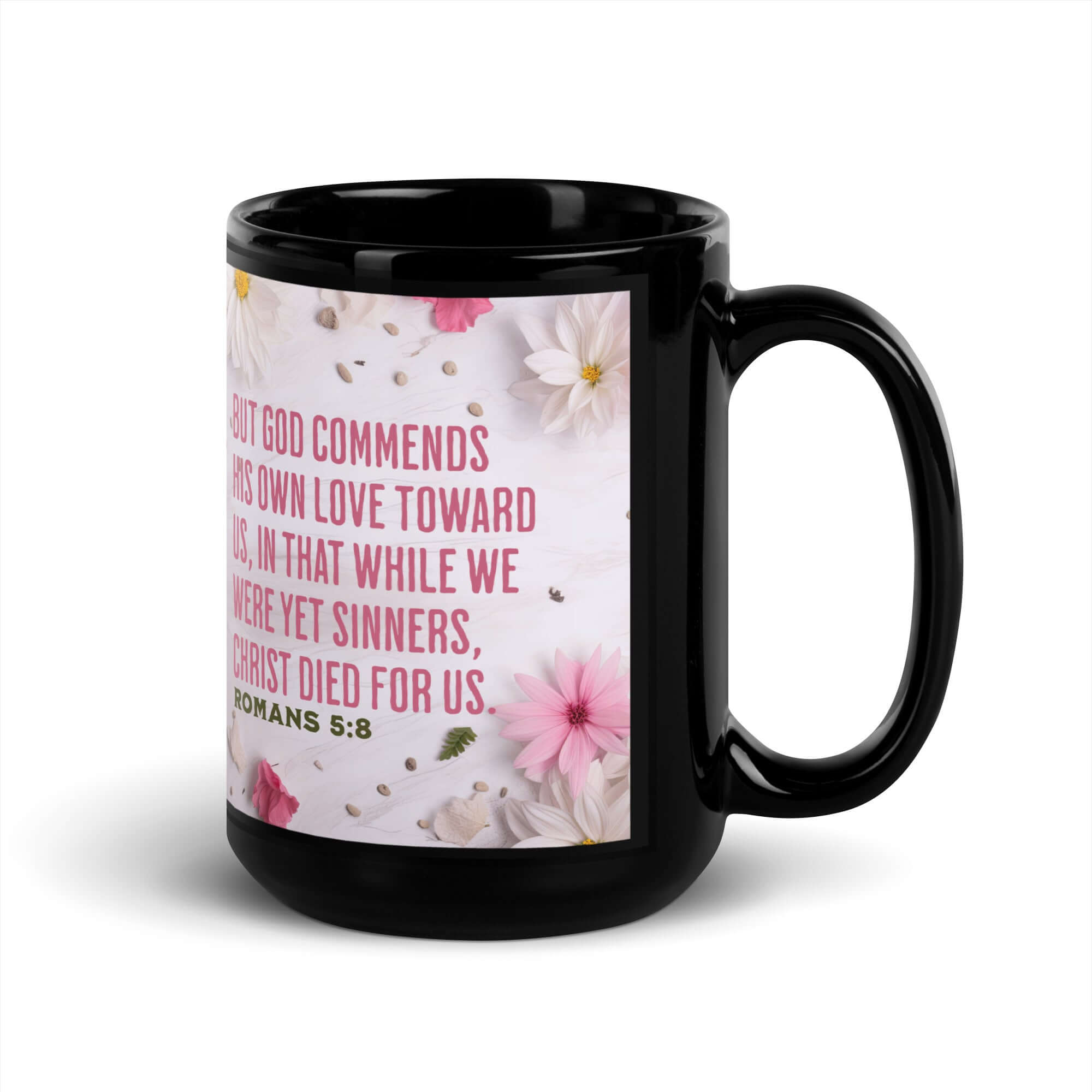 Romans 5:8 Bible Verse, Christ Died for Us Black Glossy Mug