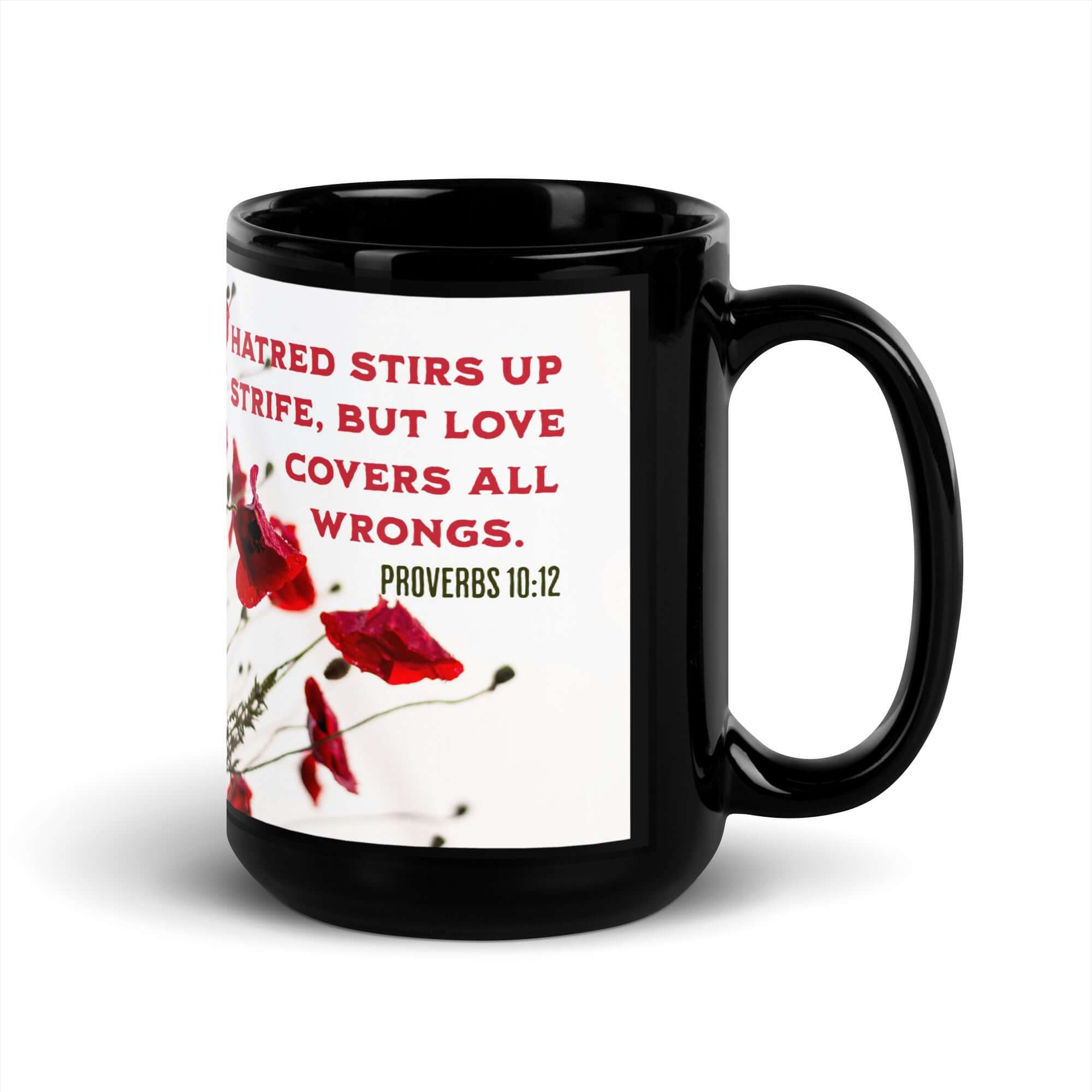Proverbs 10:12 Bible Verse, Love Covers All Black Glossy Mug