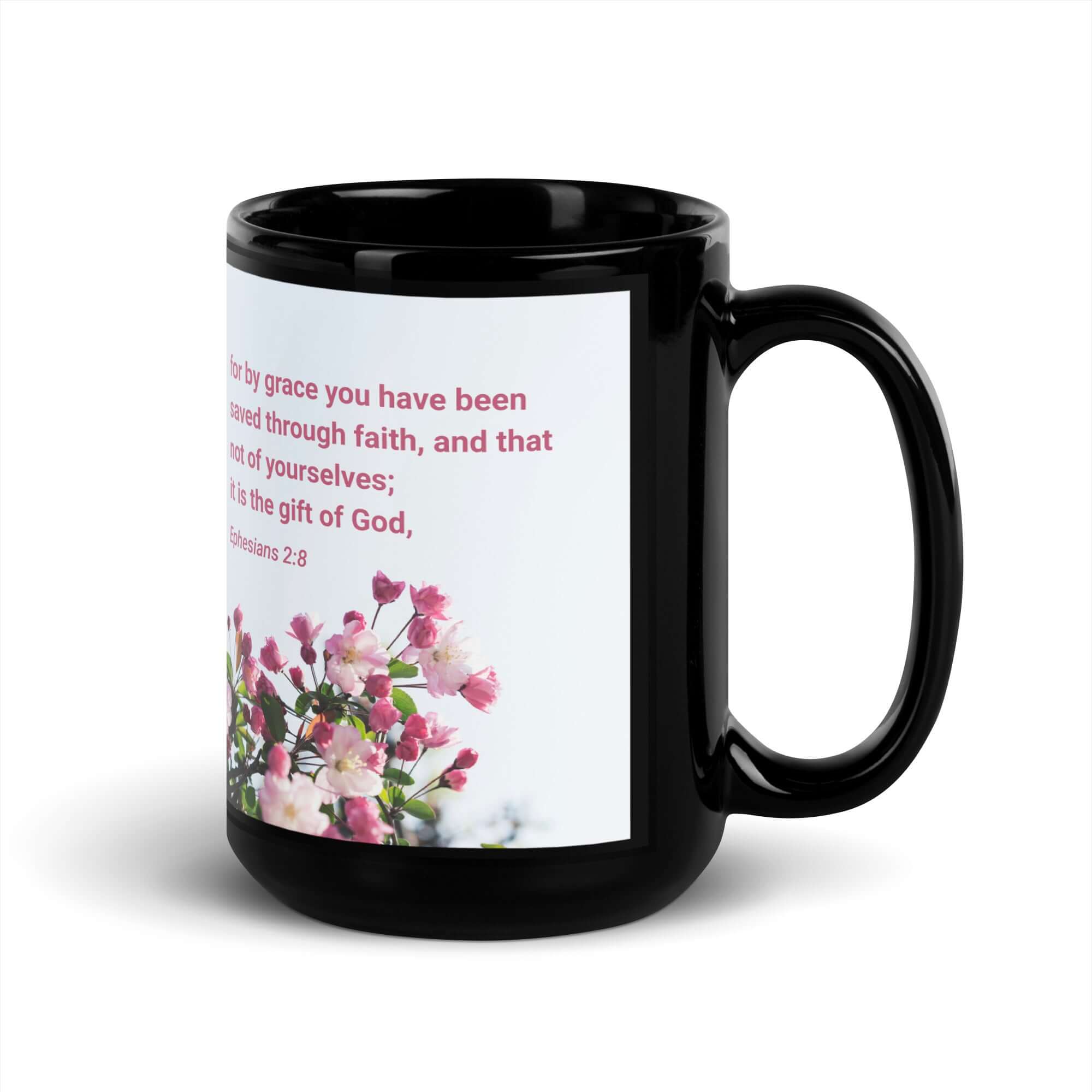 Ephesians 2:8 Bible Verse, saved through faith Black Glossy Mug