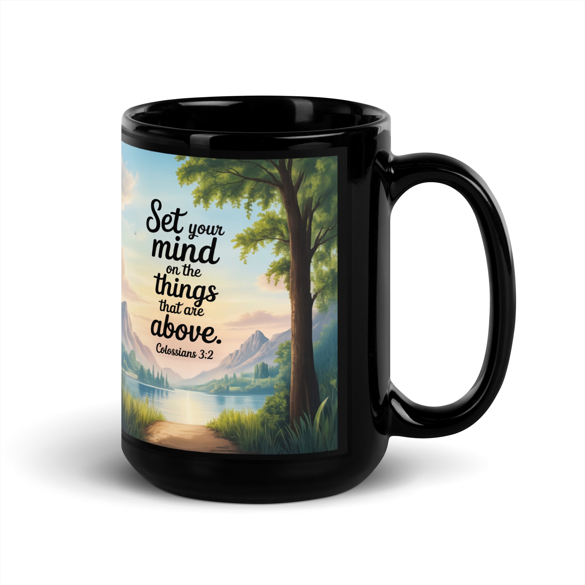 Colossians 3:2 Bible Verse Set Black Glossy Mug