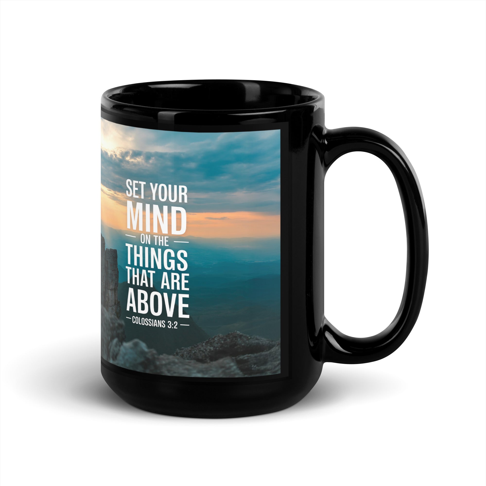 Colossians 3:2 Bible Verse on the Black Glossy Mug