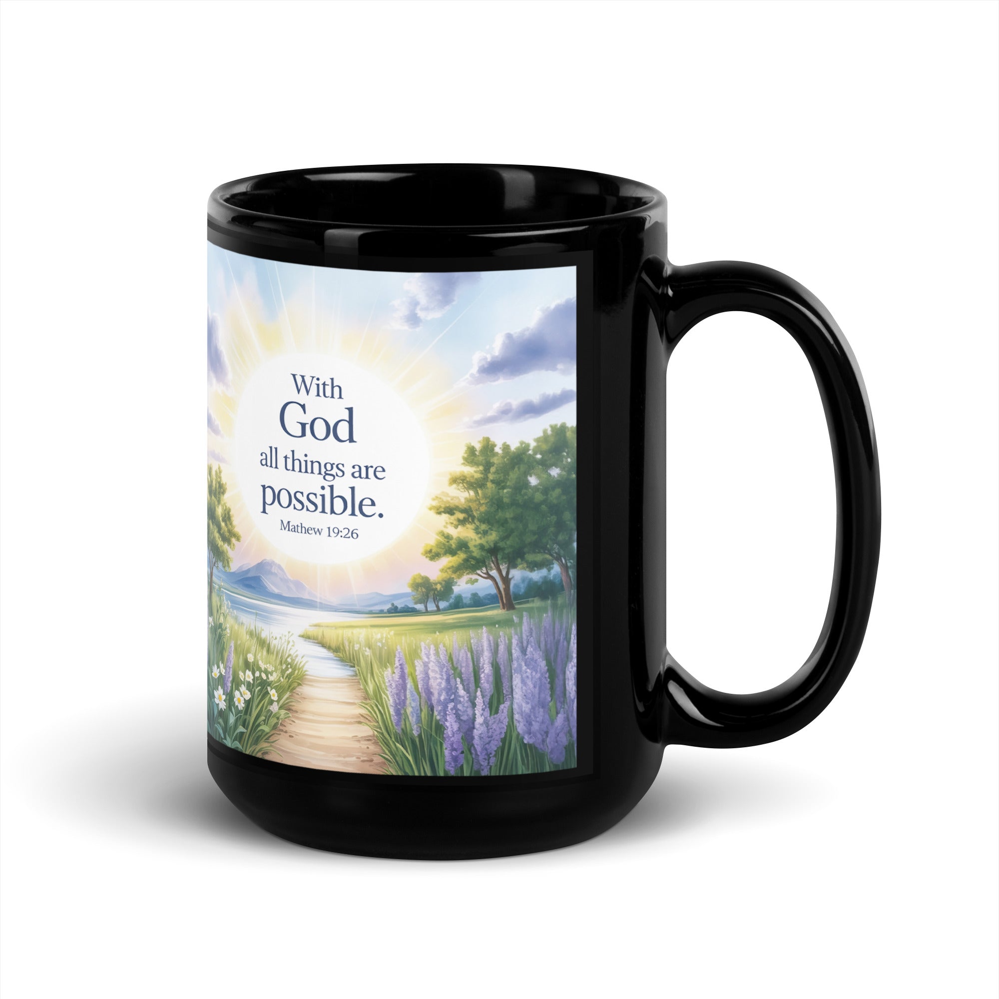 Matthew 19:26 Bible Verse Looking at Black Glossy Mug