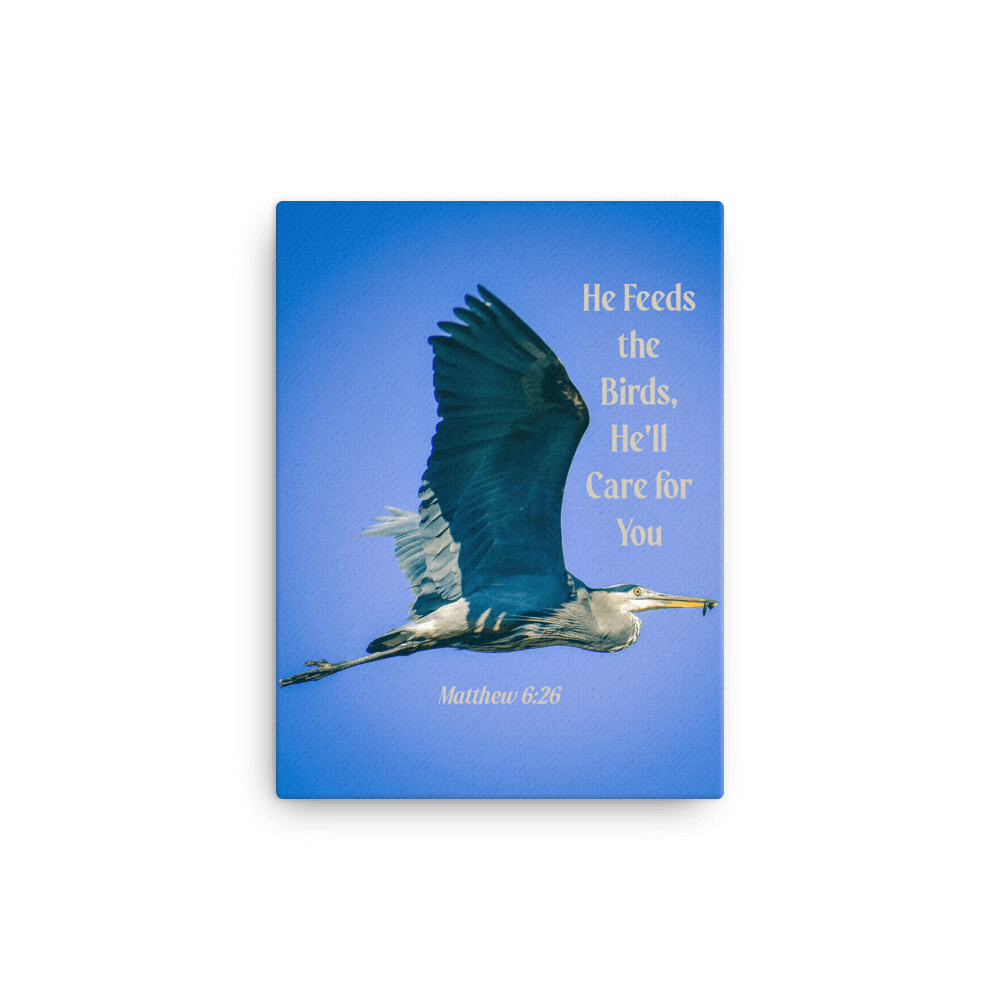 Matthew 6:26 Graceful Heron, He'll Care for You Canvas Print Wall Art 12″×16″
