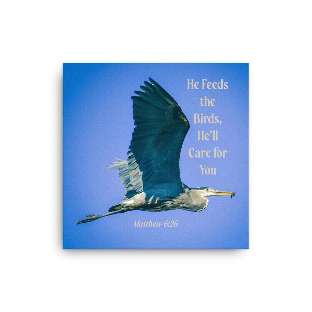 Matthew 6:26 Graceful Heron, He'll Care for You Canvas Print Wall Art 16″×16″