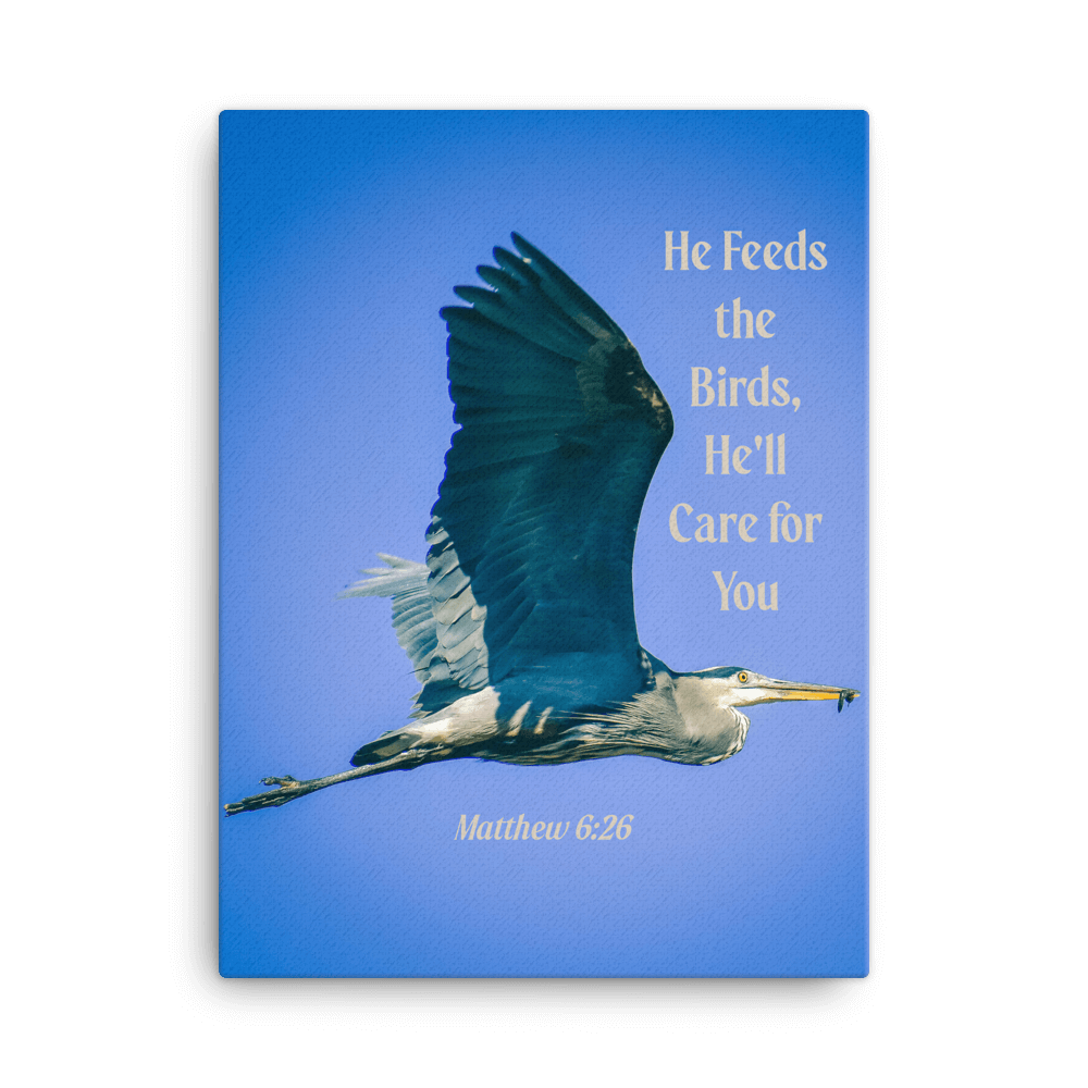 Matthew 6:26 Graceful Heron, He'll Care for You Canvas Print Wall Art 18″×24″