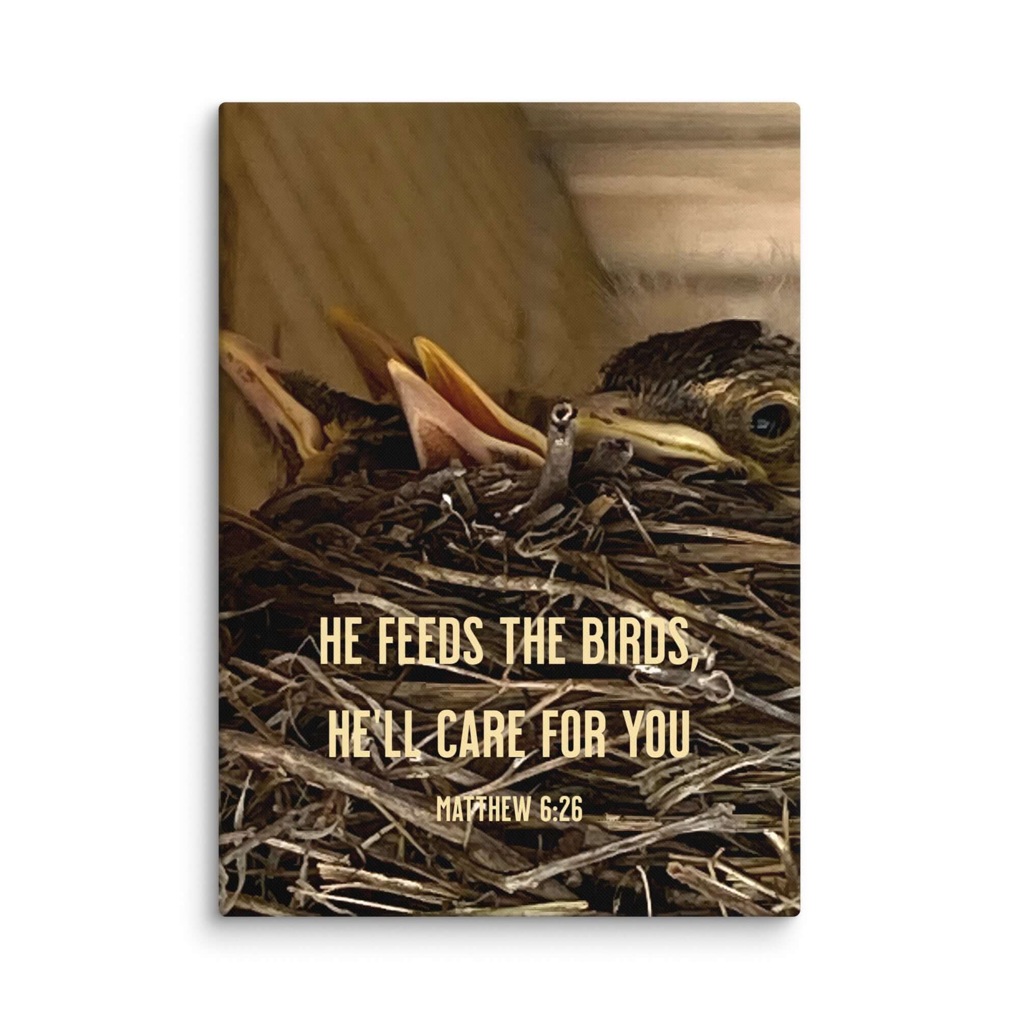 Matthew 6:26 Baby Robins, He'll Care for You Canvas Print Wall Art 20″×28″