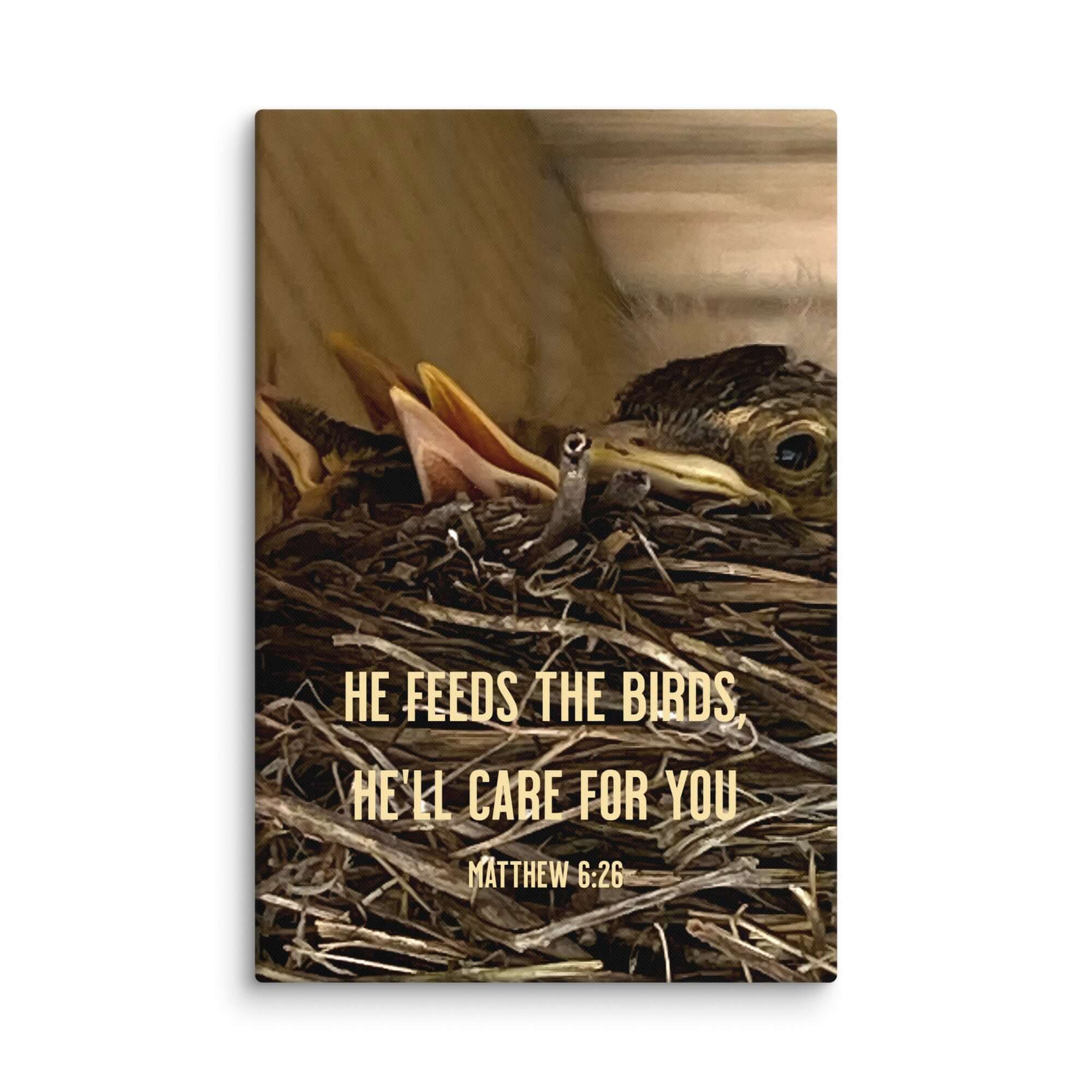 Matthew 6:26 Baby Robins, He'll Care for You Canvas Print Wall Art 20″×30″