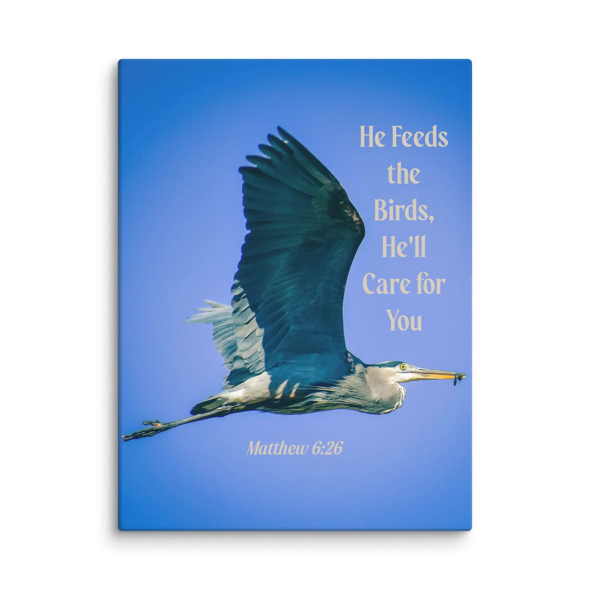 Matthew 6:26 Graceful Heron, He'll Care for You Canvas Print Wall Art 24″×32″