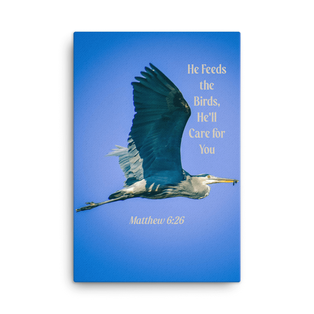 Matthew 6:26 Graceful Heron, He'll Care for You Canvas Print Wall Art 24″×36″