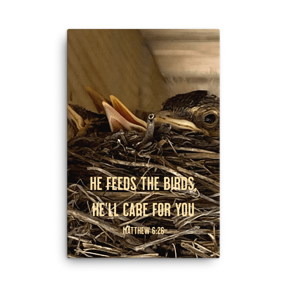 Matthew 6:26 Baby Robins, He'll Care for You Canvas Print Wall Art 24″×36″