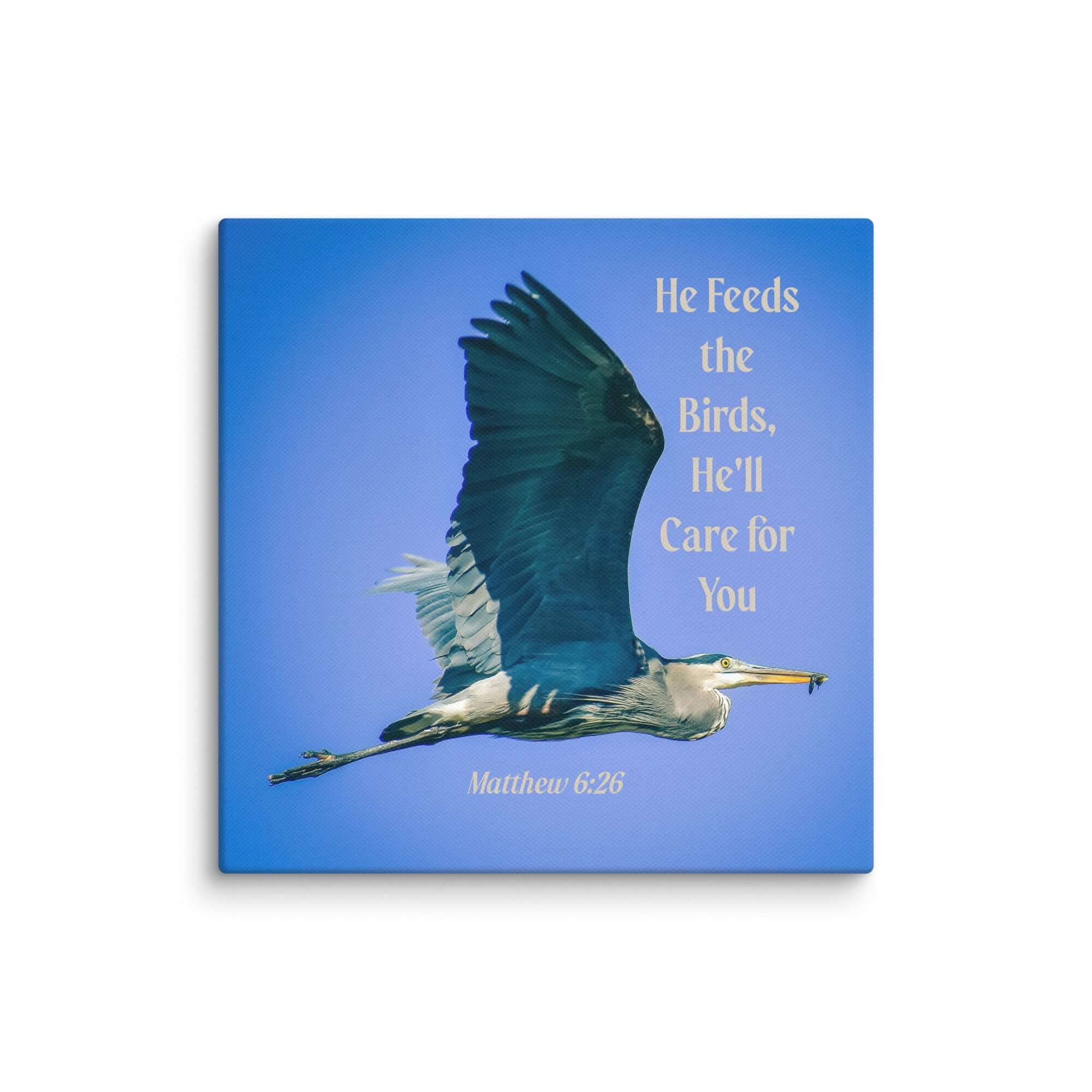 Matthew 6:26 Graceful Heron, He'll Care for You Canvas Print Wall Art 6″×6″