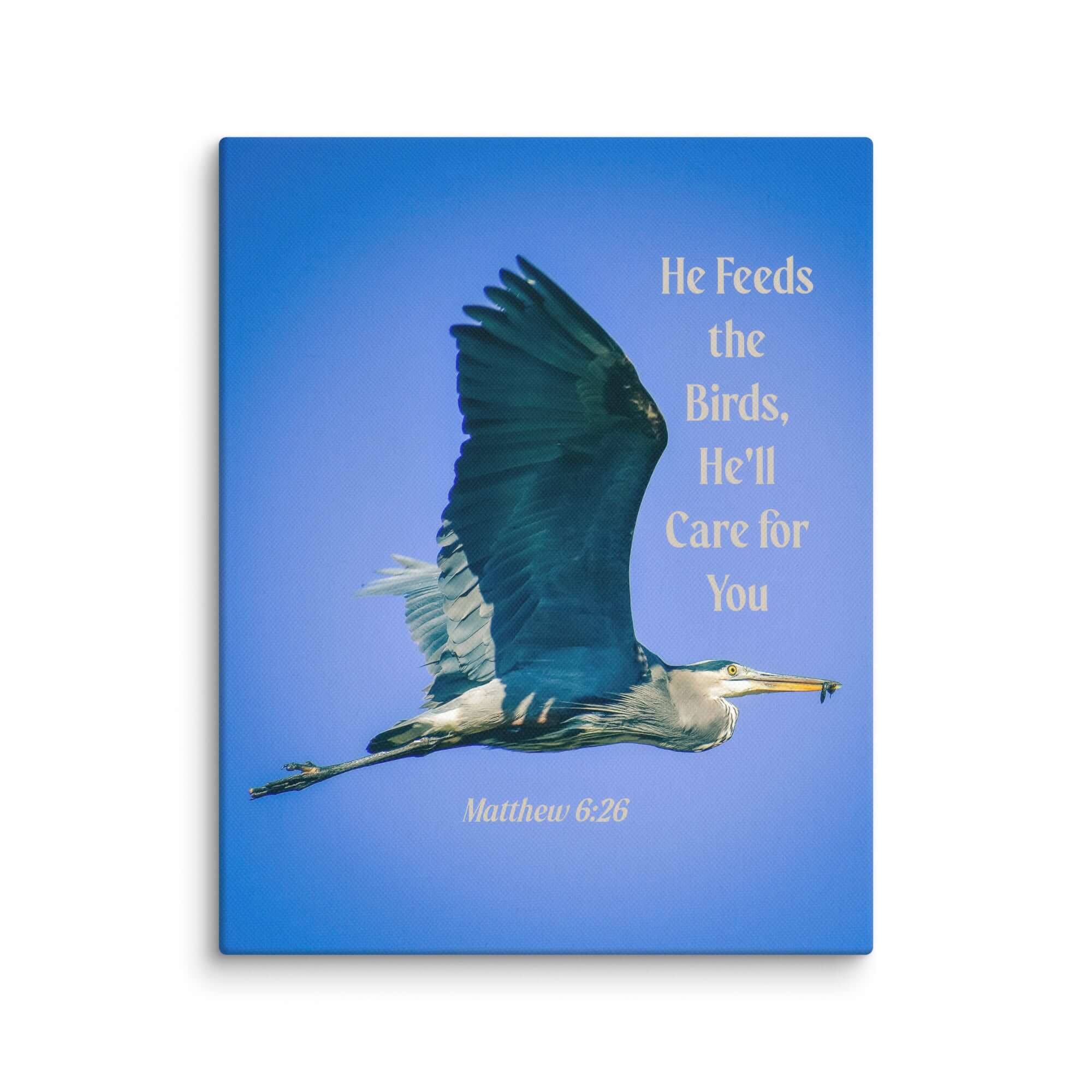 Matthew 6:26 Graceful Heron, He'll Care for You Canvas Print Wall Art 8″×10″
