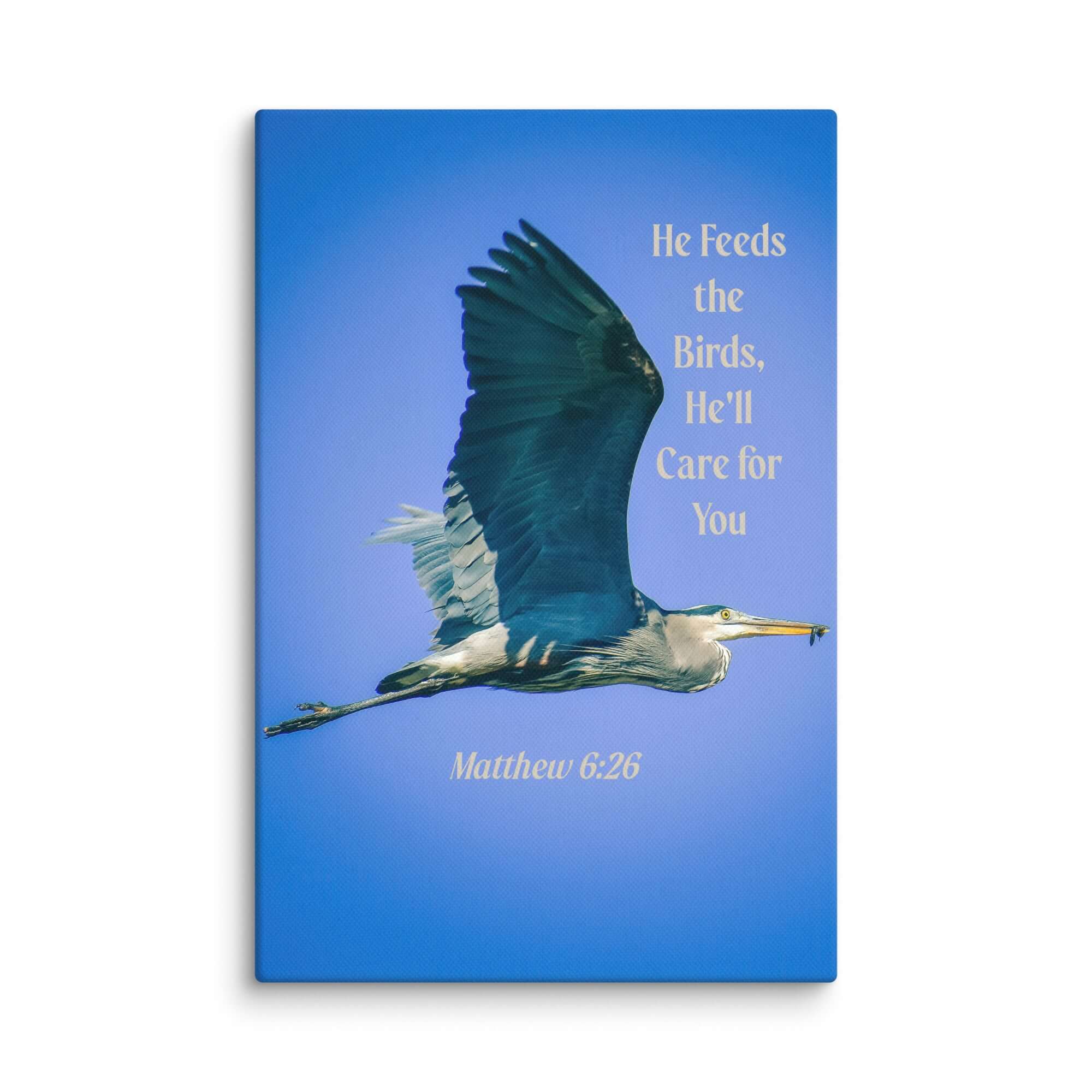 Matthew 6:26 Graceful Heron, He'll Care for You Canvas Print Wall Art 8″×12″