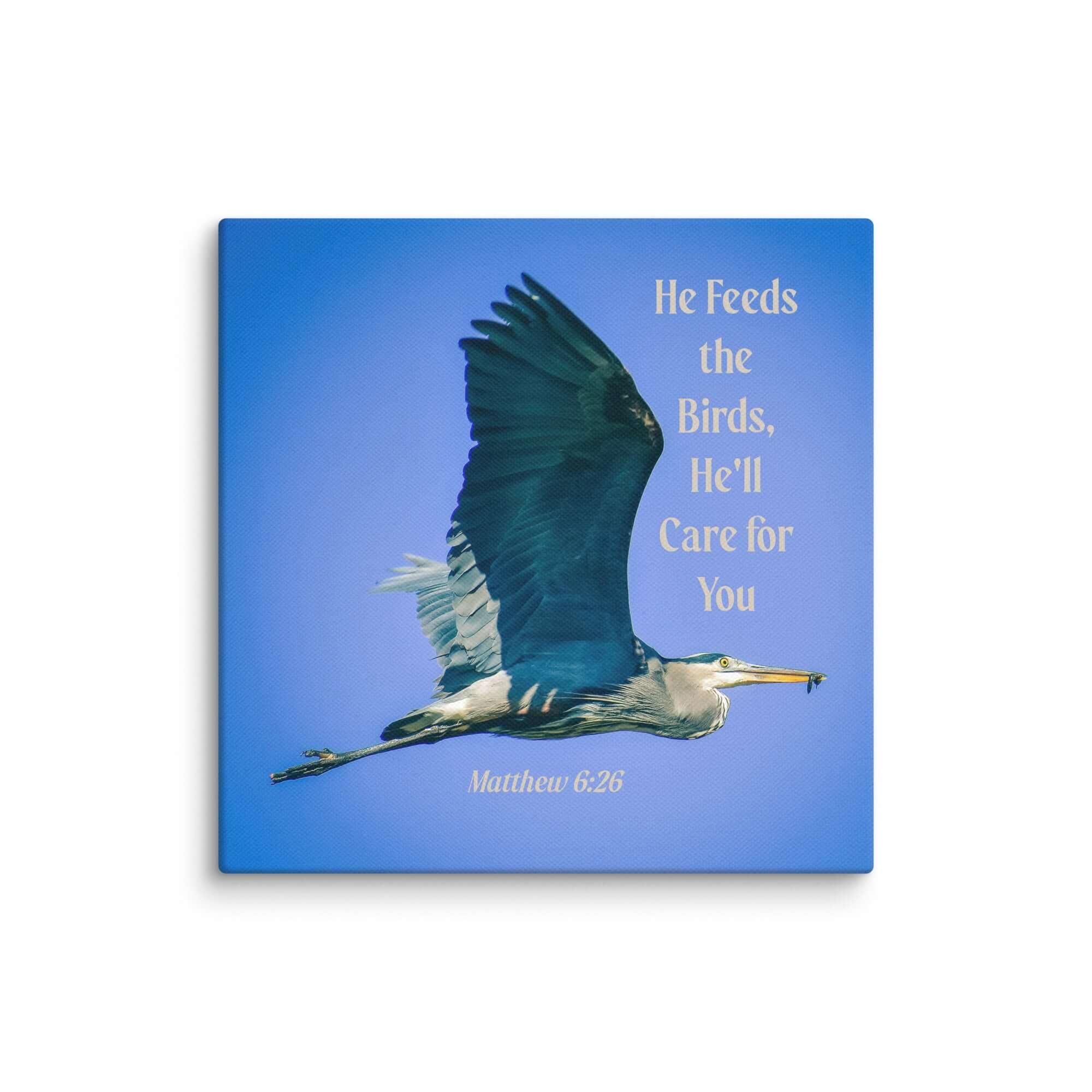 Matthew 6:26 Graceful Heron, He'll Care for You Canvas Print Wall Art 8″×8″