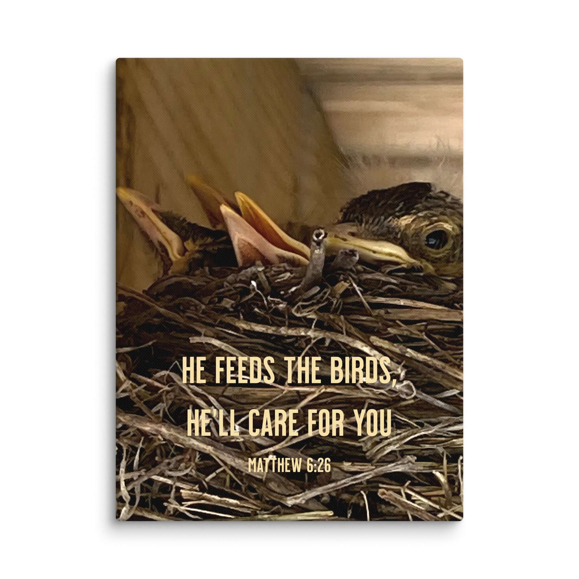 Matthew 6:26 Baby Robins, He'll Care for You Canvas Print Wall Art 9″×12″