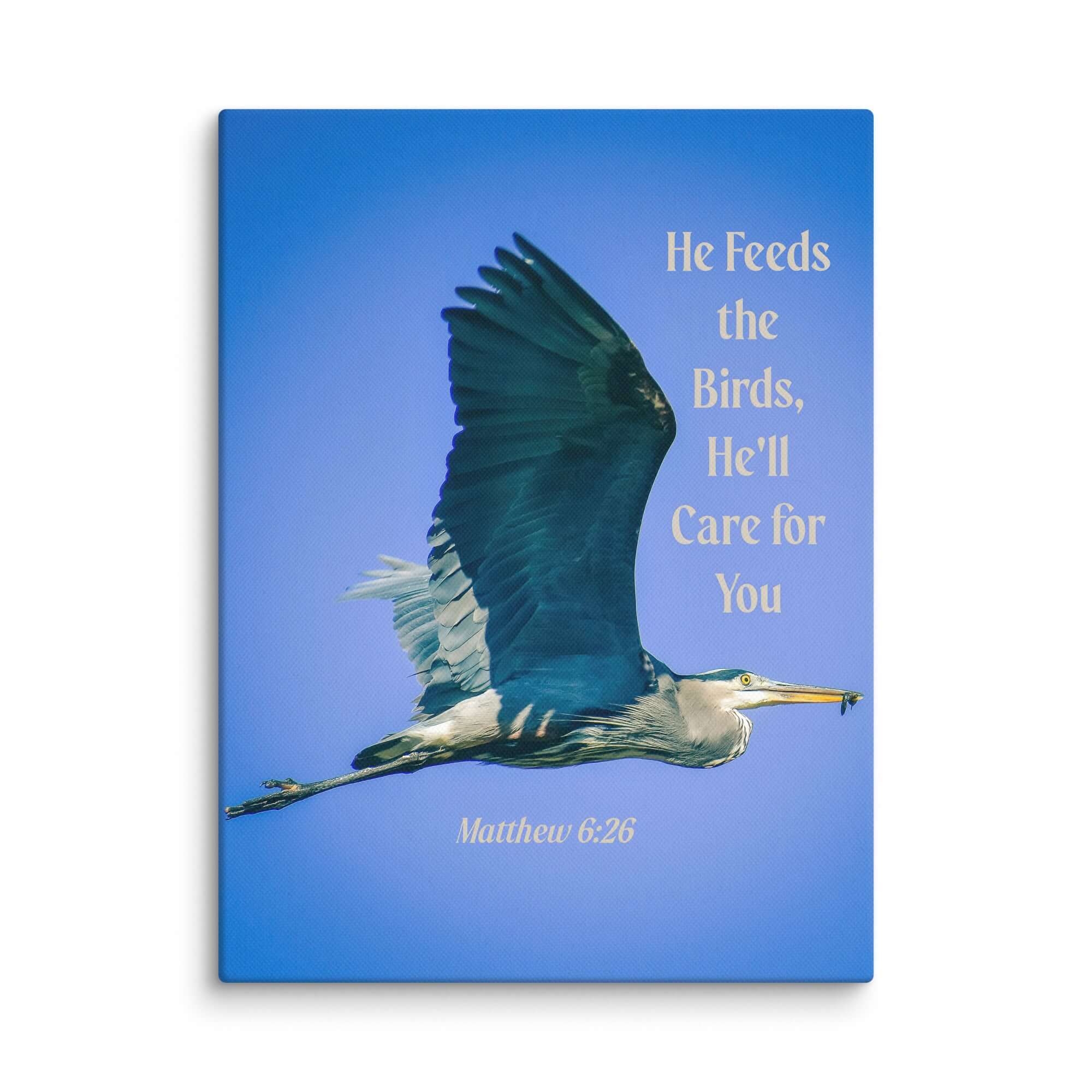 Matthew 6:26 Graceful Heron, He'll Care for You Canvas Print Wall Art 9″×12″