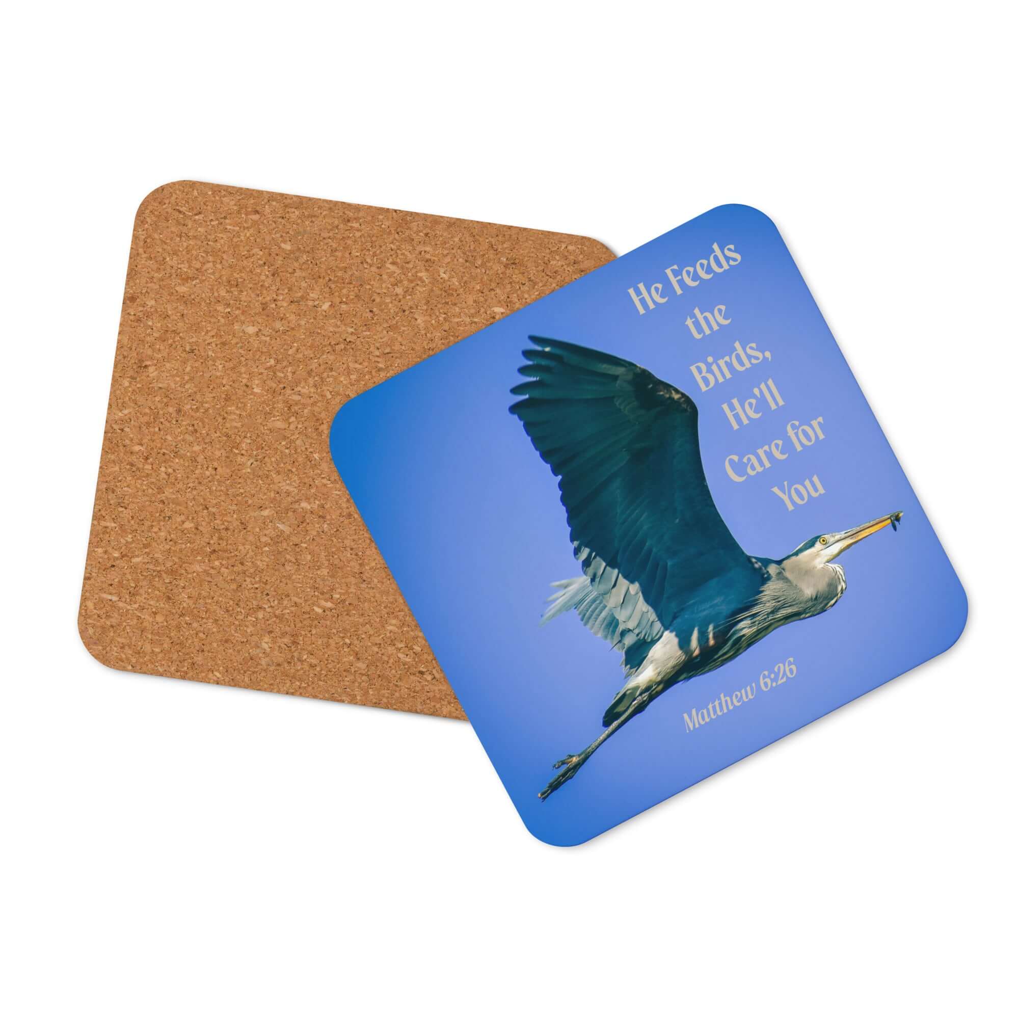 Matthew 6:26 Graceful Heron, He'll Care for You Cork-Back Coaster Default Title