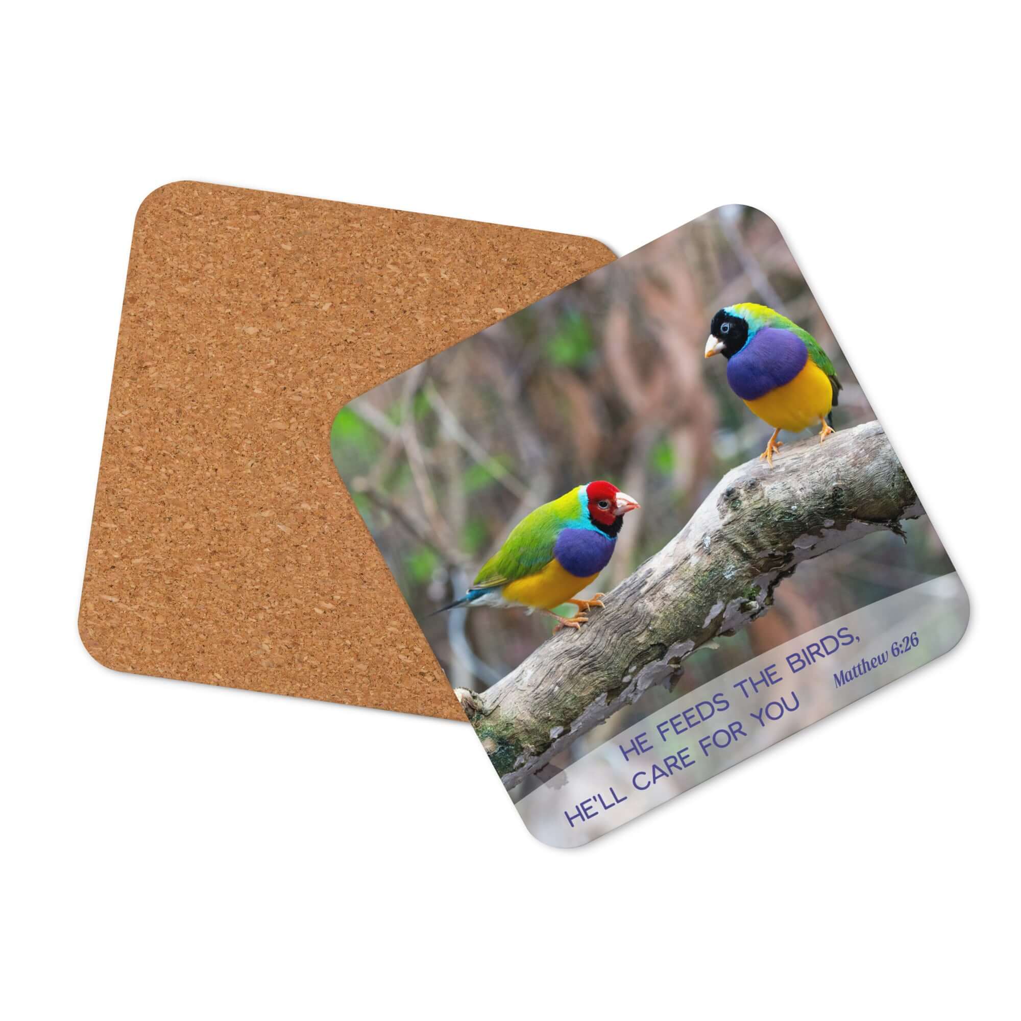 Matthew 6:26 Gouldian Finches, He'll Care for You Cork-Back Coaster Default Title