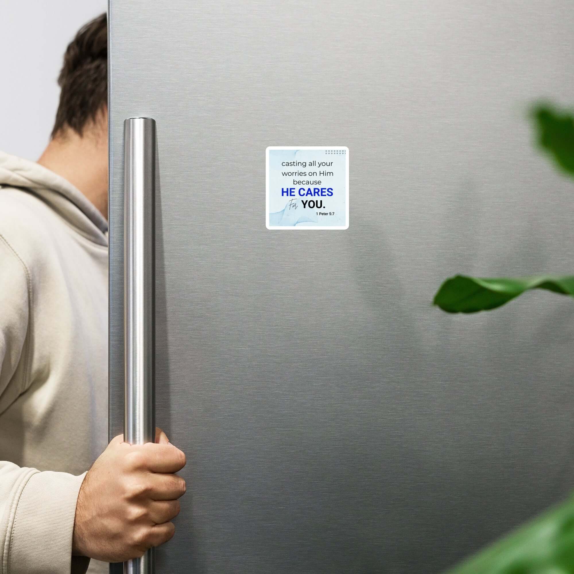 1 Peter 5:7 Bible Verse, casting all your worries on Him Die-Cut Magnet Home Decor 3″×3″