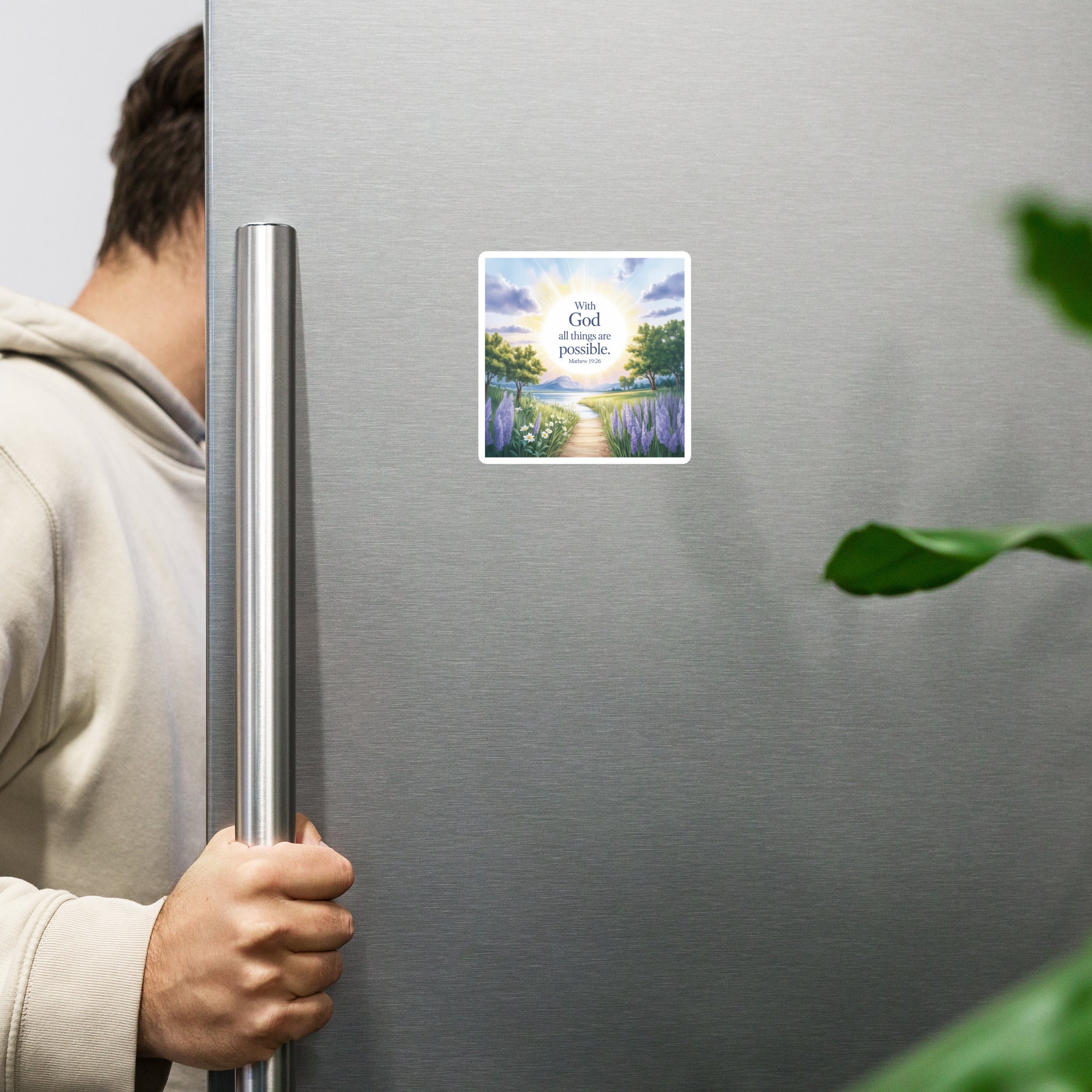 Matthew 19:26 Bible Verse Looking at Die-Cut Magnet 4″×4″