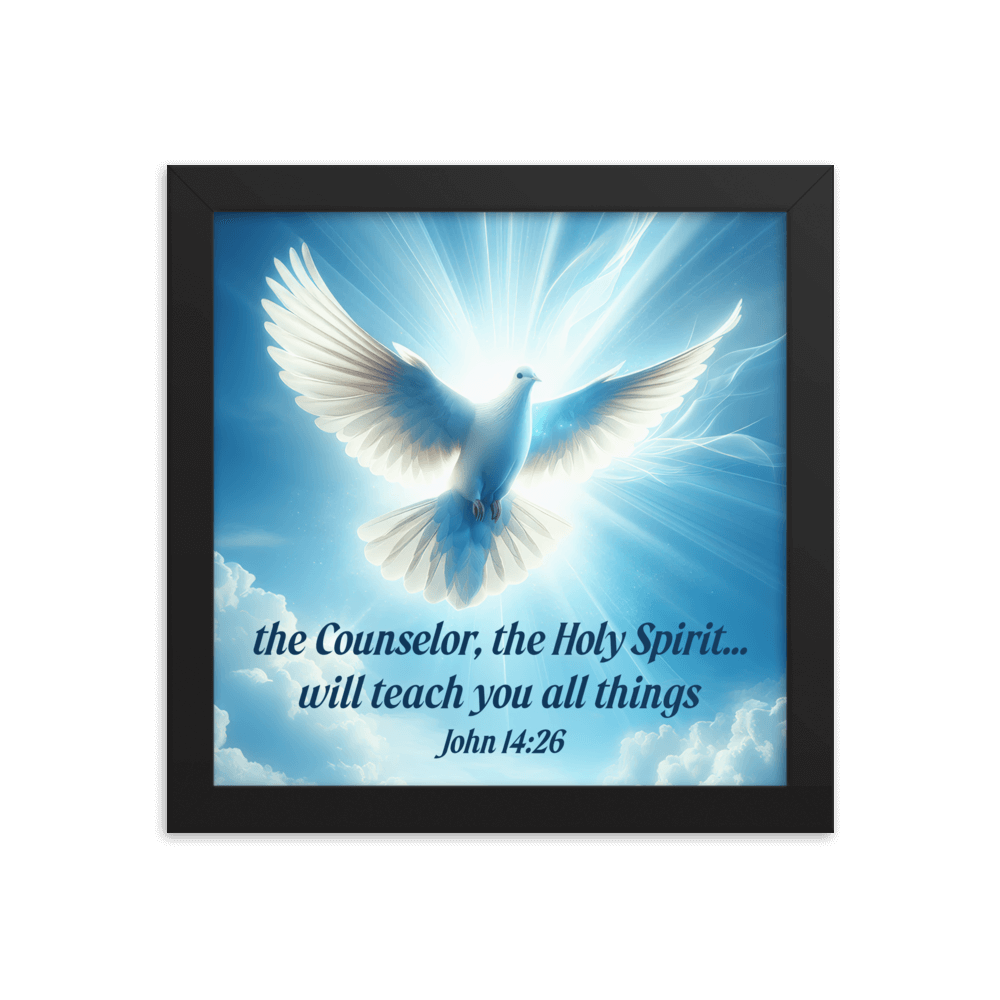 John 14:26 Bible Verse, Holy Spirit Dove Enhanced Matte Paper Framed Poster Wall Art Black 10″×10″