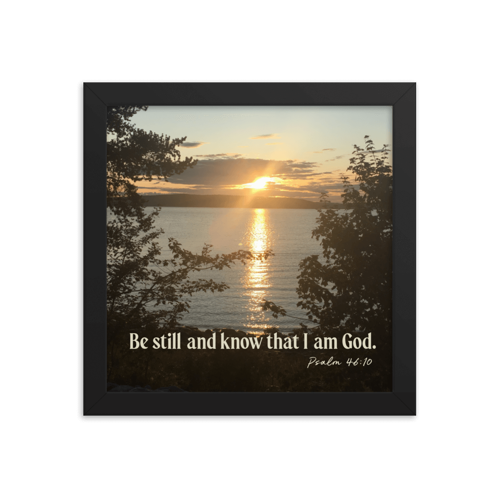 Psalm 46:10 Bible Verse, Sunset Glory Enhanced Matte Paper Framed Poster Wall Art Black 10″×10″