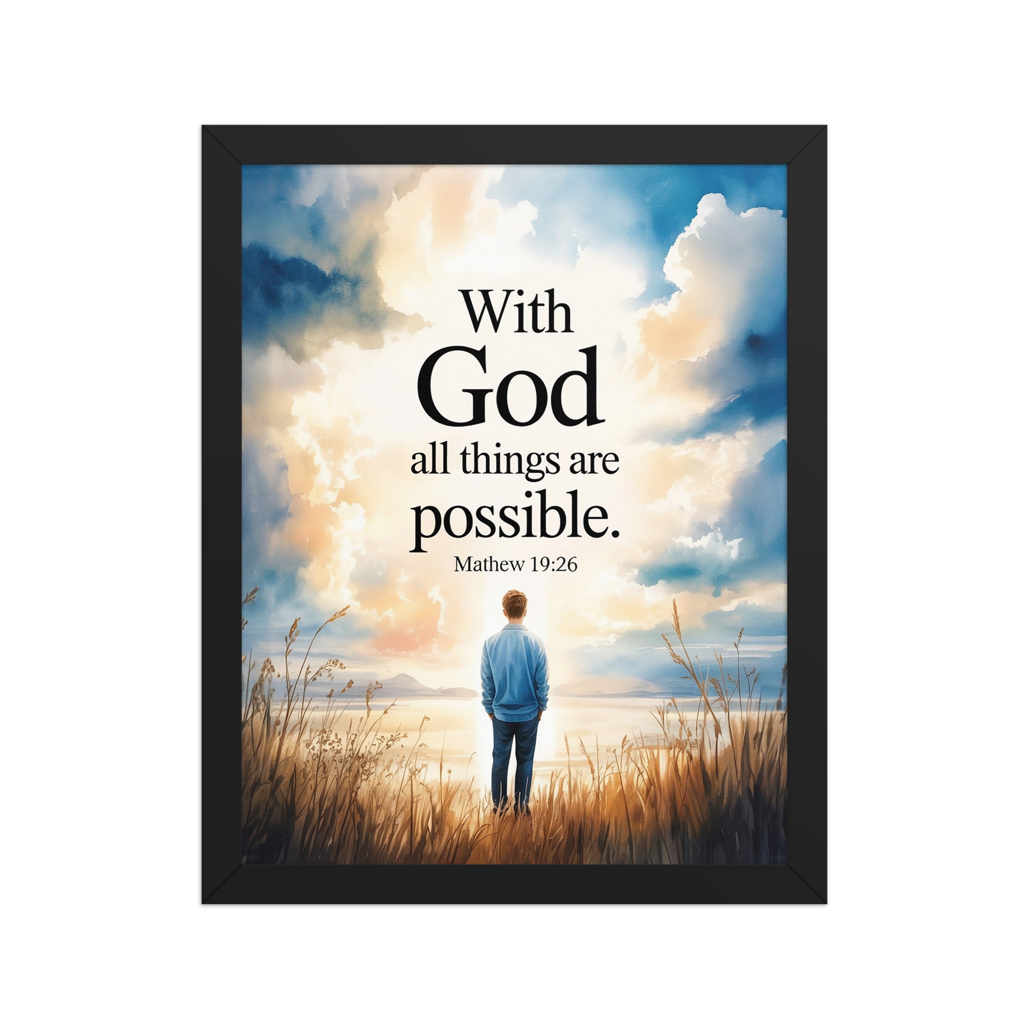 Matthew 19:26 Bible Verse Jesus Enhanced Matte Paper Framed Poster Black 11″×14″