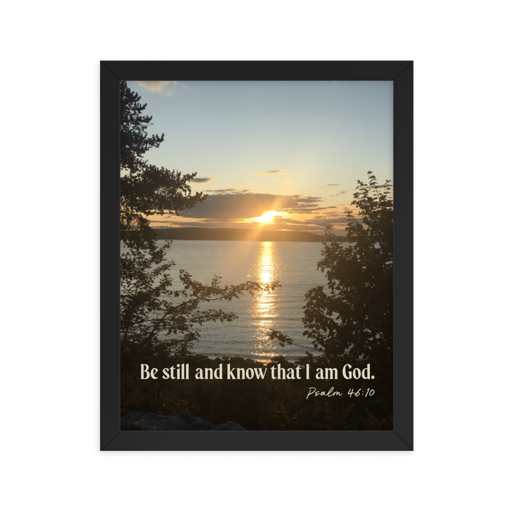 Psalm 46:10 Bible Verse, Sunset Glory Enhanced Matte Paper Framed Poster Wall Art Black 11″×14″