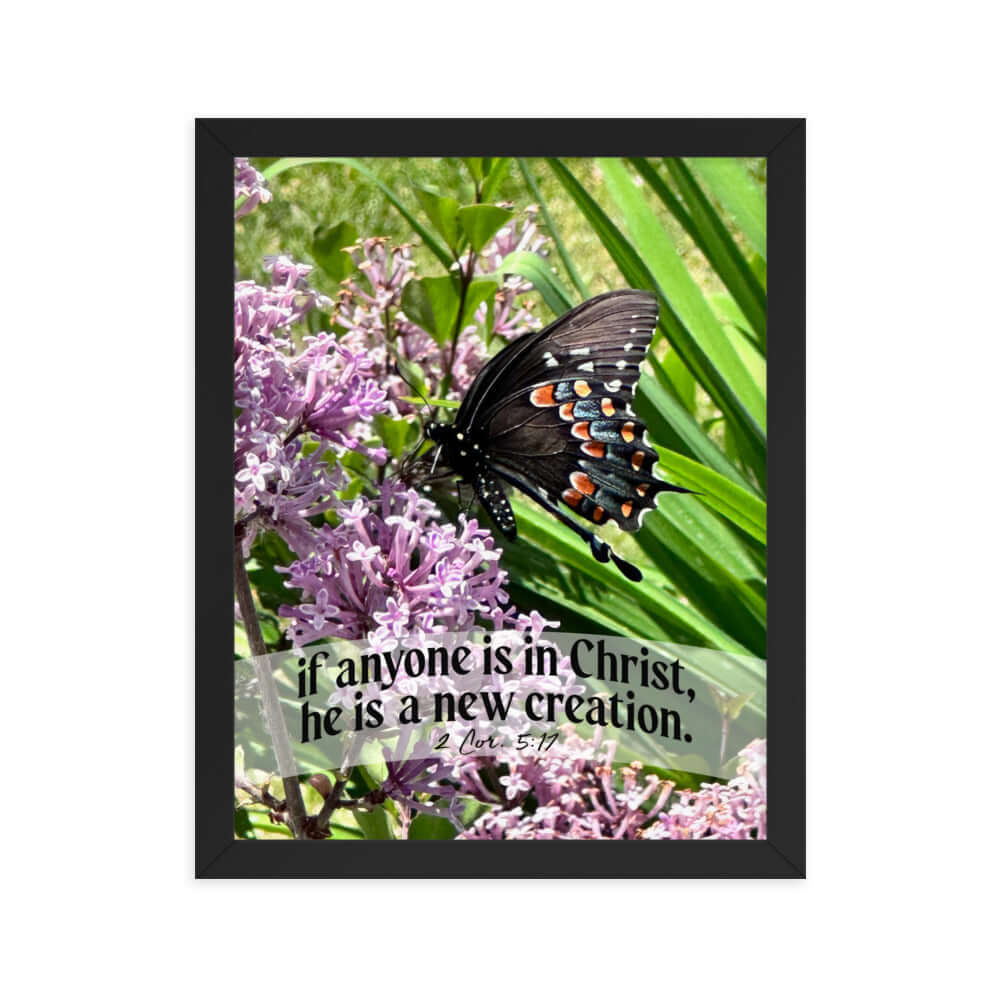 2 Corinthians 5:17 Bible Verse, Butterfly Enhanced Matte Paper Framed Poster Wall Art Black 11″×14″