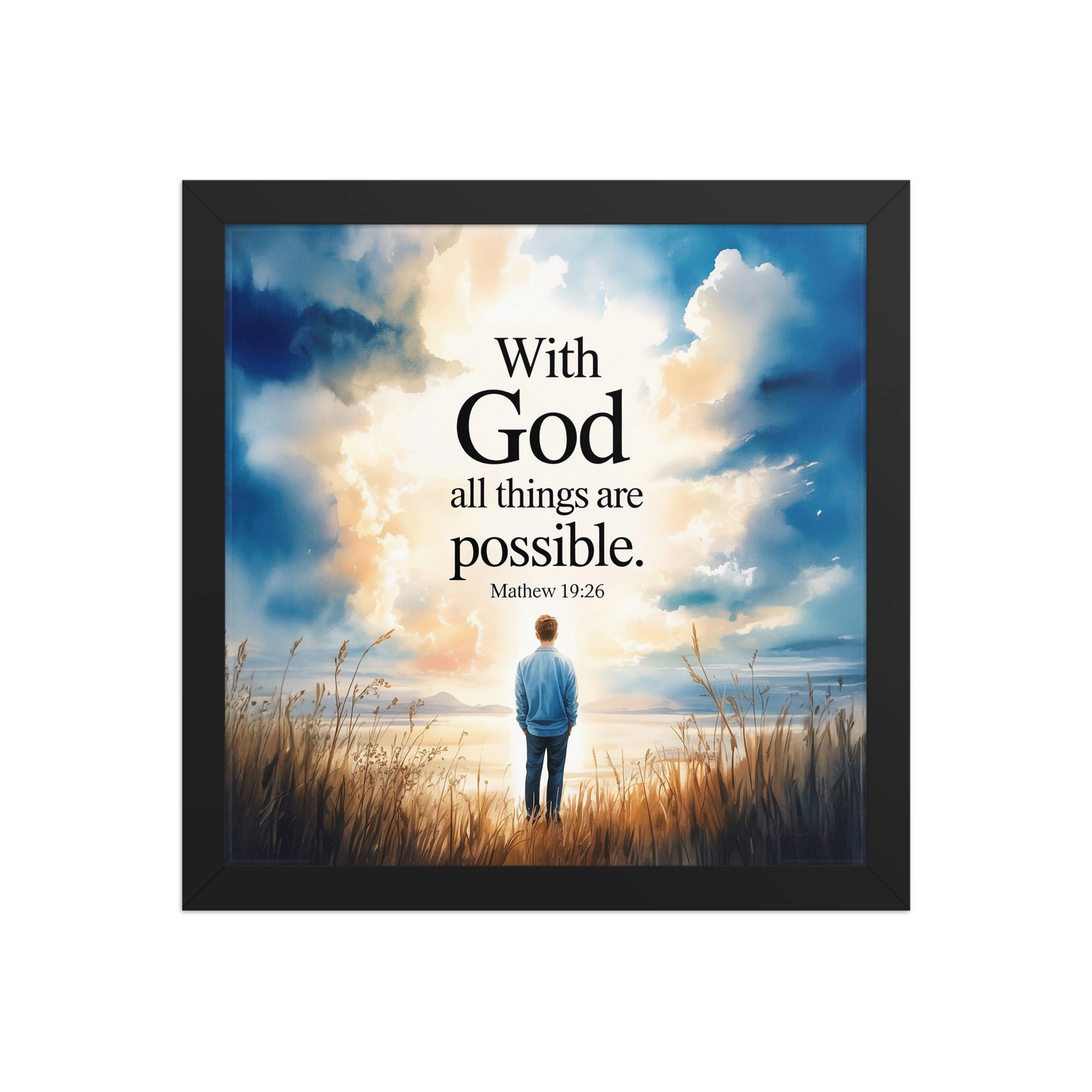 Matthew 19:26 Bible Verse Jesus Enhanced Matte Paper Framed Poster Black 12″×12″