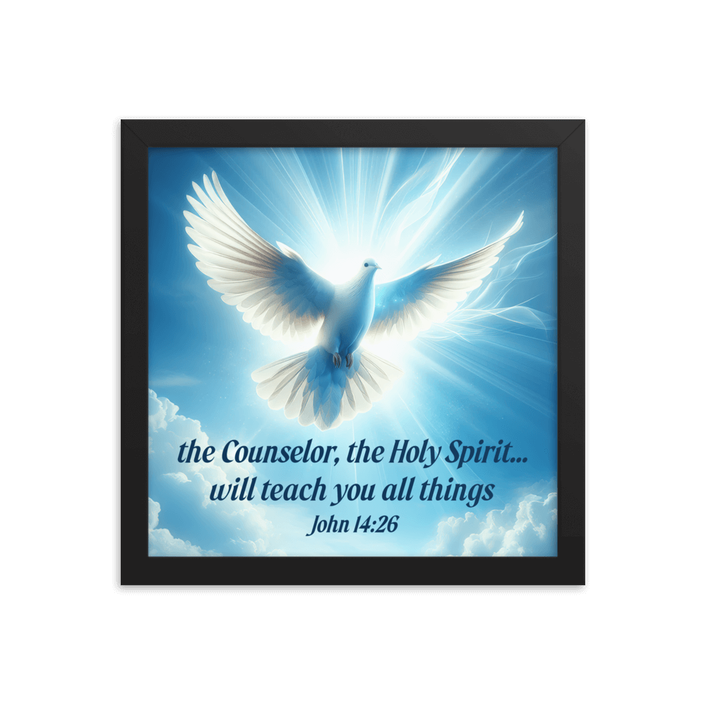 John 14:26 Bible Verse, Holy Spirit Dove Enhanced Matte Paper Framed Poster Wall Art Black 12″×12″