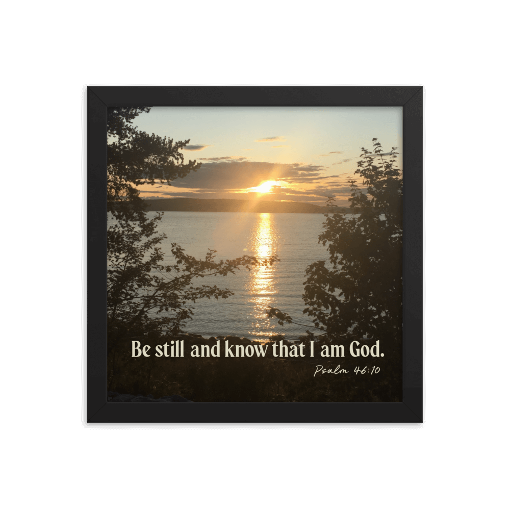 Psalm 46:10 Bible Verse, Sunset Glory Enhanced Matte Paper Framed Poster Wall Art Black 12″×12″