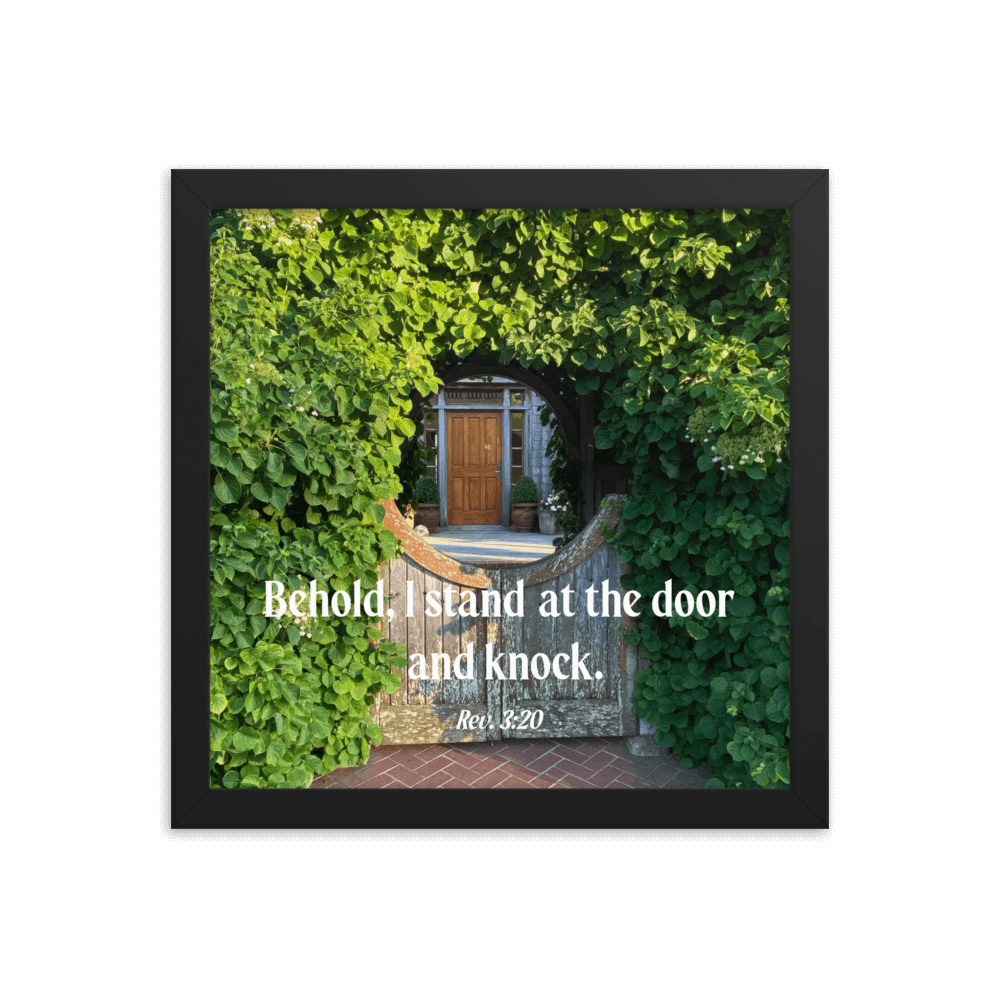Revelation 3:20 Bible Verse, Garden Doorway Enhanced Matte Paper Framed Poster Wall Art Black 12″×12″