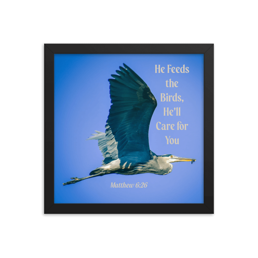 Matthew 6:26 Graceful Heron, He'll Care for You Enhanced Matte Paper Framed Poster Wall Art Black 12″×12″