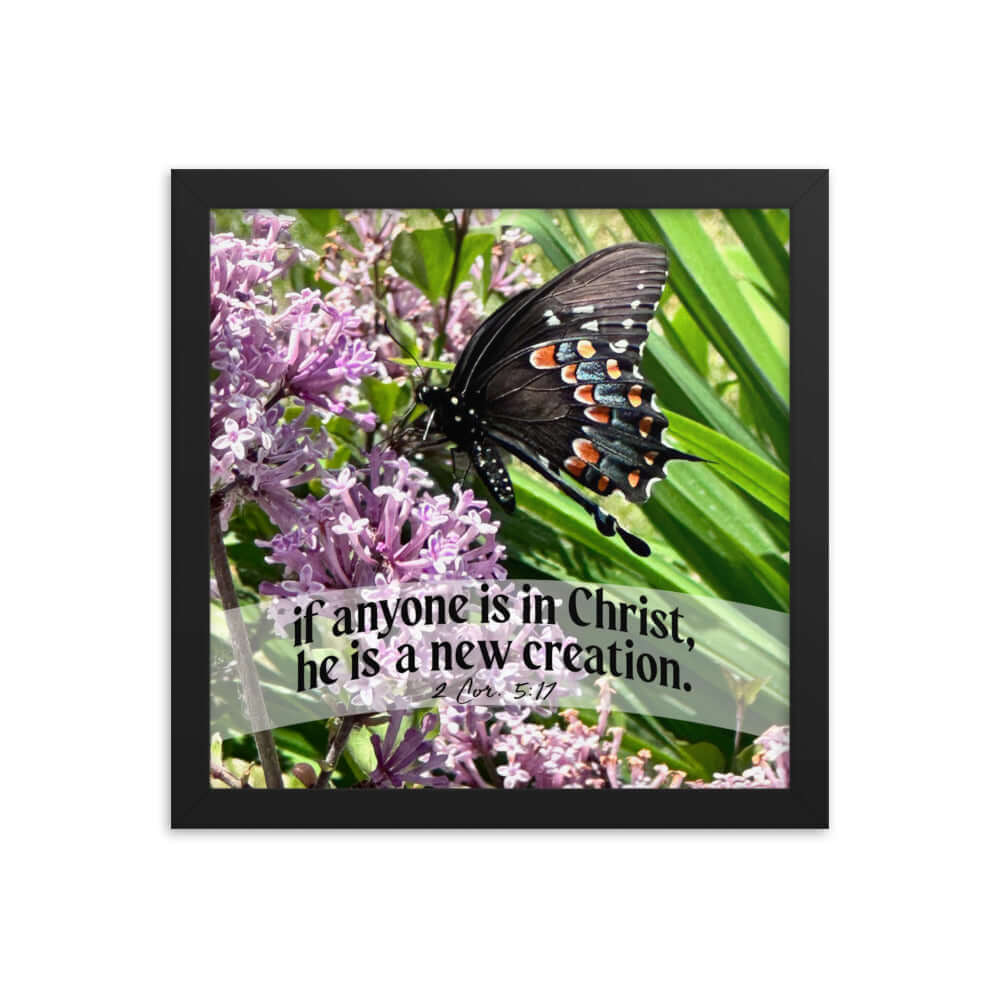2 Corinthians 5:17 Bible Verse, Butterfly Enhanced Matte Paper Framed Poster Wall Art Black 12″×12″