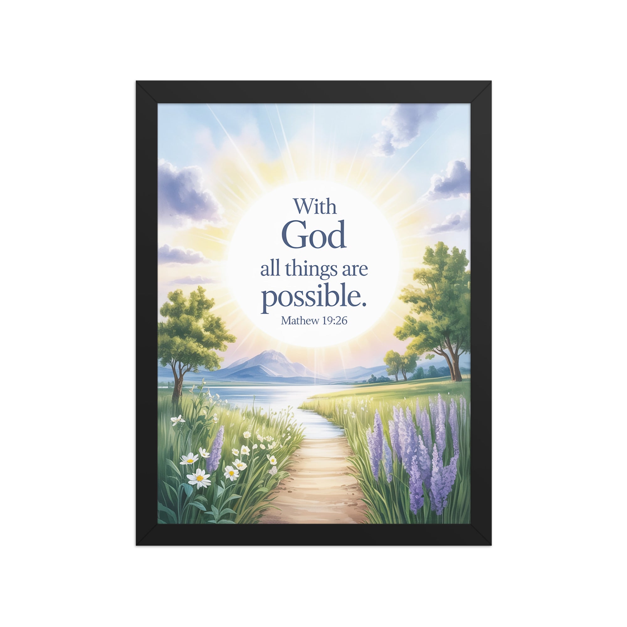 Matthew 19:26 Bible Verse Looking at Enhanced Matte Paper Framed Poster Black 12″×16″
