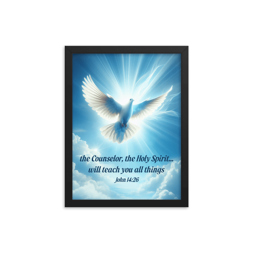 John 14:26 Bible Verse, Holy Spirit Dove Enhanced Matte Paper Framed Poster Wall Art Black 12″×16″