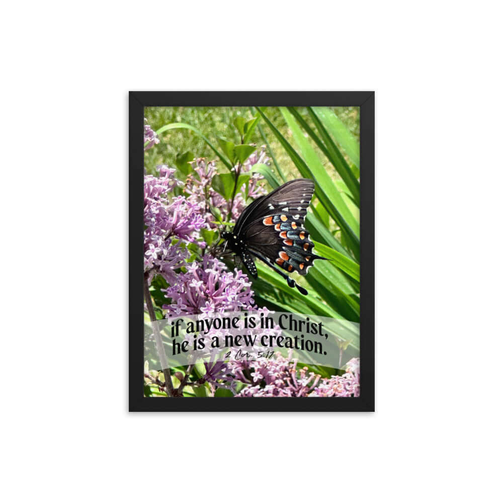 2 Corinthians 5:17 Bible Verse, Butterfly Enhanced Matte Paper Framed Poster Wall Art Black 12″×16″