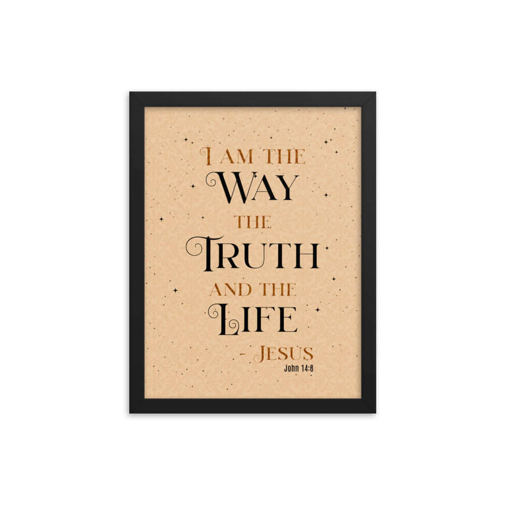 John 14:6 Bible Verse, Color Text Brown Background Enhanced Matte Paper Framed Poster Wall Art Black 12″×16″