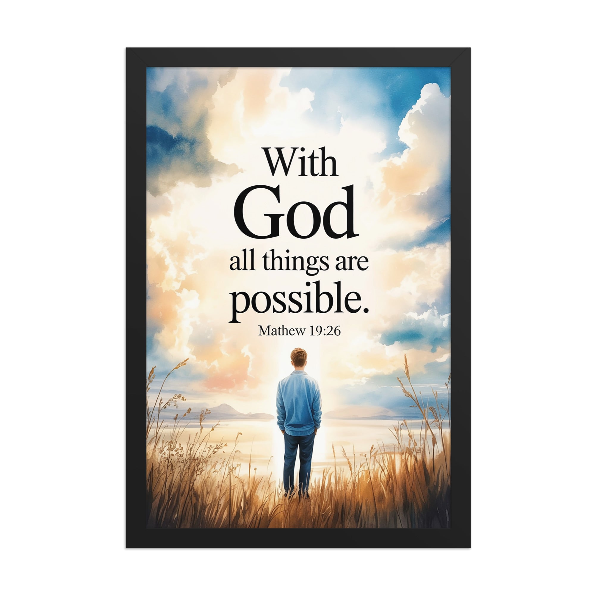 Matthew 19:26 Bible Verse Jesus Enhanced Matte Paper Framed Poster Black 12″×18″