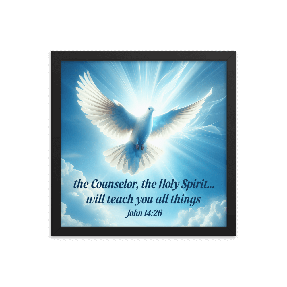 John 14:26 Bible Verse, Holy Spirit Dove Enhanced Matte Paper Framed Poster Wall Art Black 14″×14″