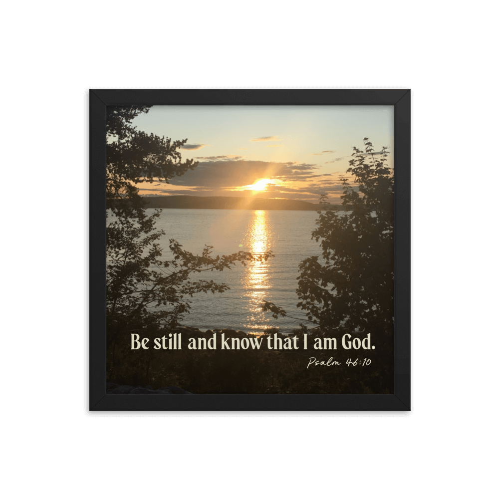 Psalm 46:10 Bible Verse, Sunset Glory Enhanced Matte Paper Framed Poster Wall Art Black 14″×14″