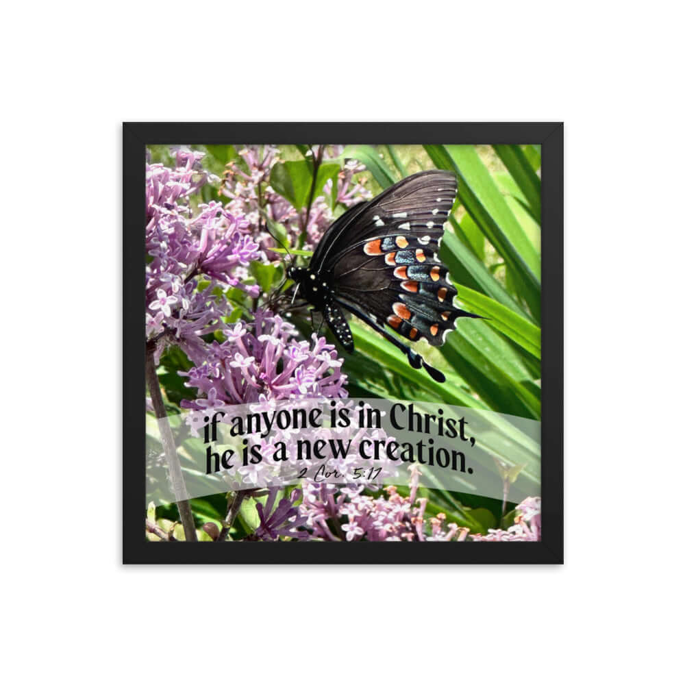 2 Corinthians 5:17 Bible Verse, Butterfly Enhanced Matte Paper Framed Poster Wall Art Black 14″×14″