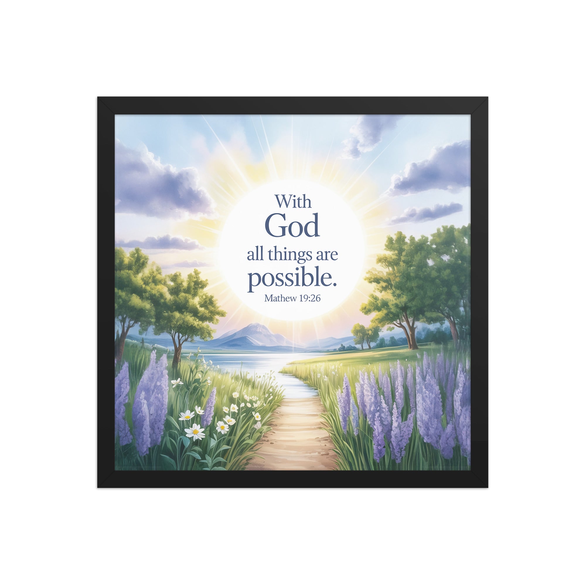 Matthew 19:26 Bible Verse Looking at Enhanced Matte Paper Framed Poster Black 16″×16″