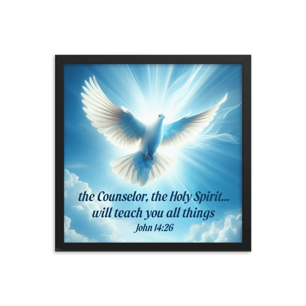 John 14:26 Bible Verse, Holy Spirit Dove Enhanced Matte Paper Framed Poster Wall Art Black 16″×16″